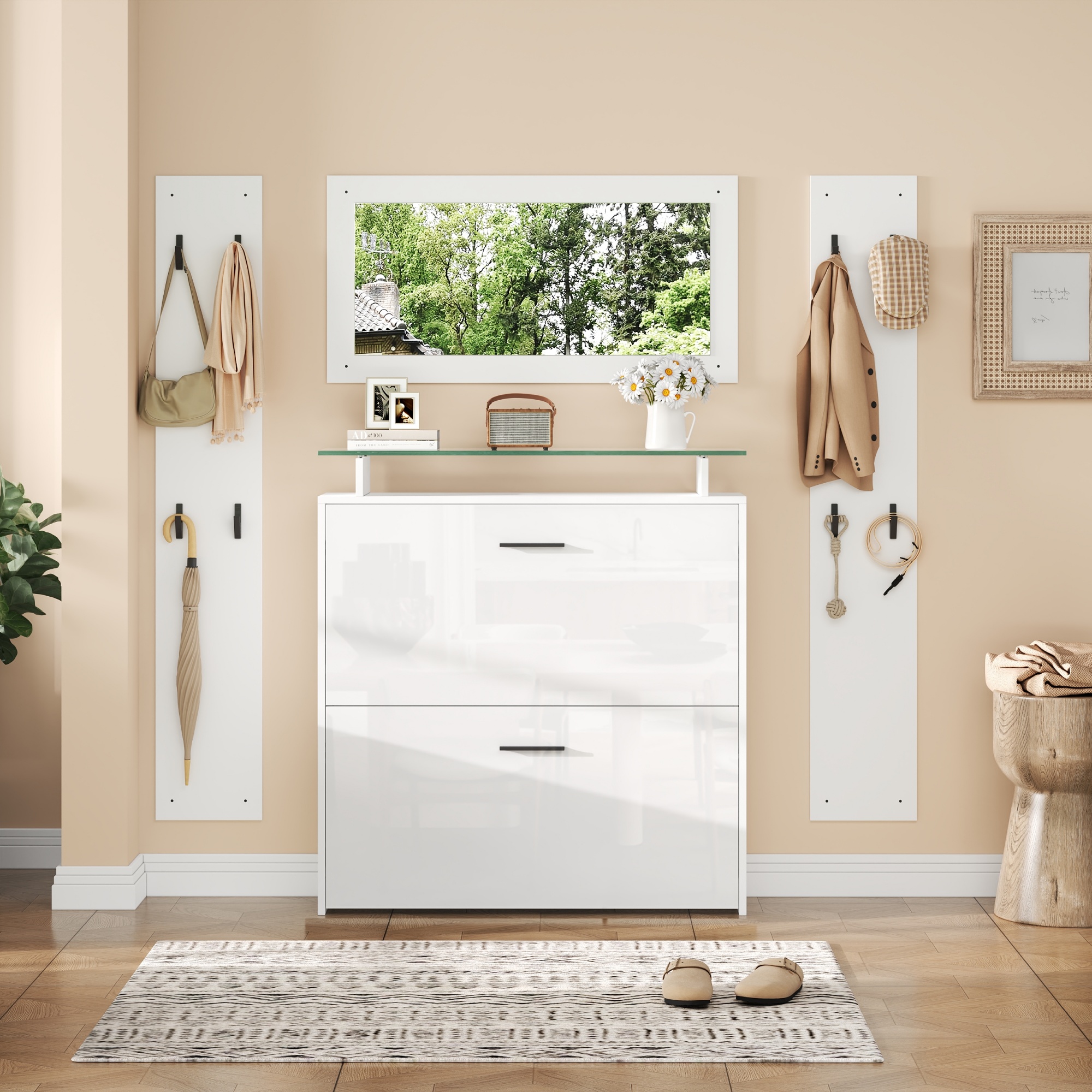 89.5x23x96.5cm Wardrobe Set 4-piece With Mirror, 2 Hat Shelves And High Gloss Shoe Cabinet. Corridor Wardrobe Stands Clothes Stands Set,Corridor Upholstered Set,Compact Wardrobe With 8 Clothes Hooks,W