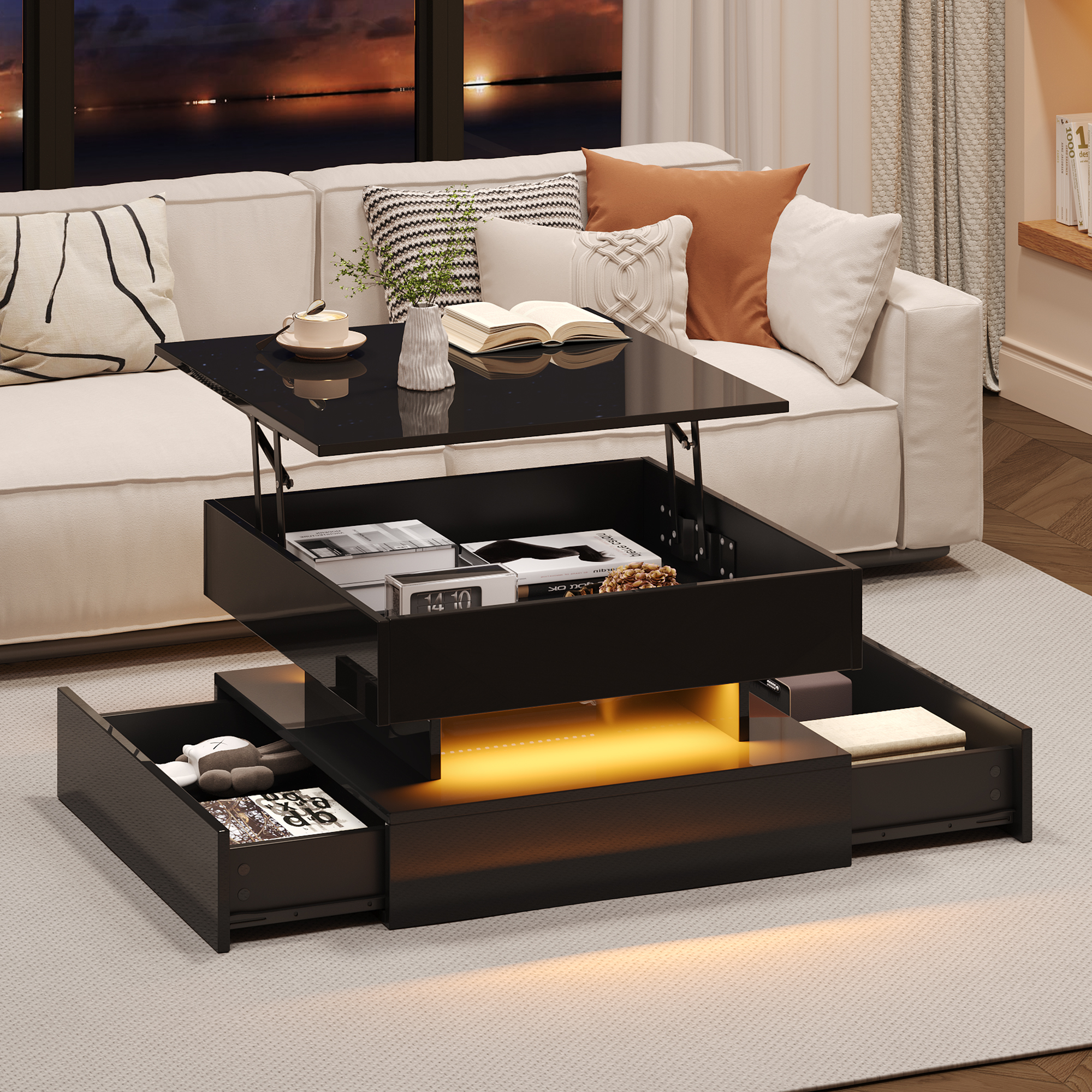 65 X 65 X 38.5 Cm Liftable Living Room Table,Side Table,High Gloss Coffee Table With LED Light Strip, Sofa Table With 2 Drawers, Coffee Table With Geometric Design And Hidden Storage,Black