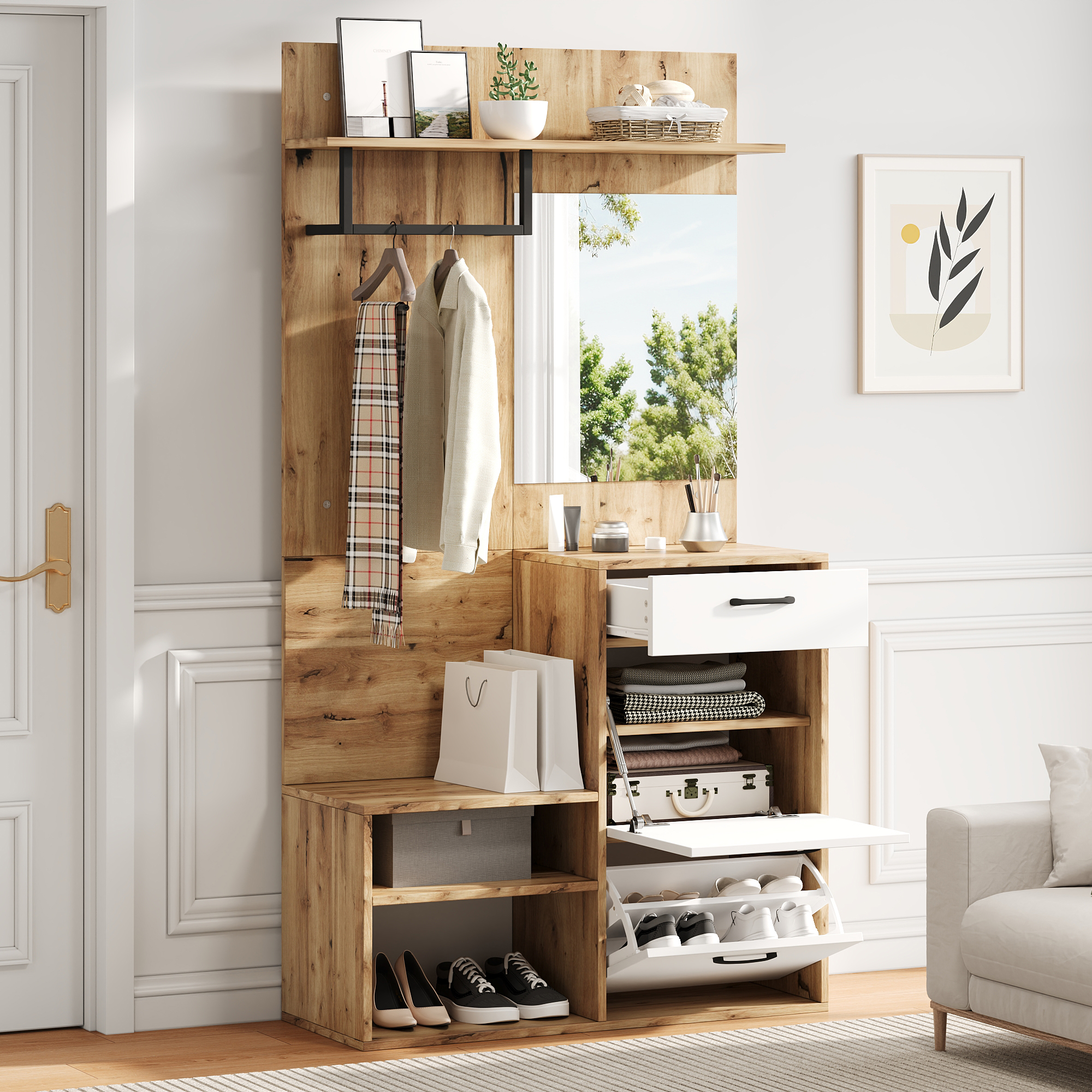 100X38.5X190cm Ensemble de porte-manteaux avec miroir, banc à chaussures, armoire, couloir