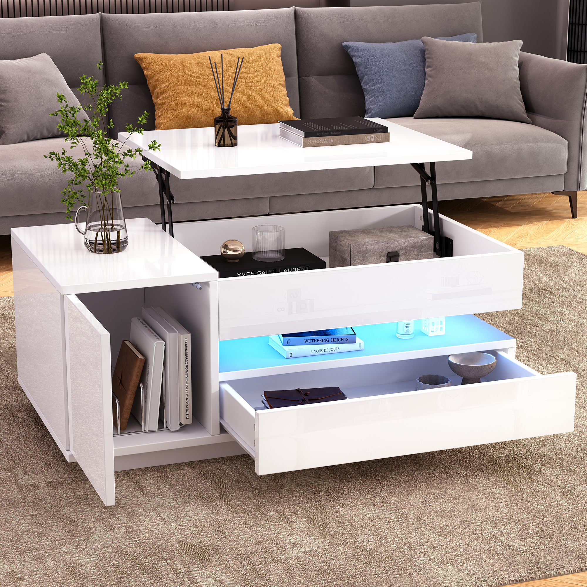 95X50X34.5cm Liftable Coffee Table, Living Room Table, Side Table, Coffee Table With 1 Drawer, 1 Cabinet, Sofa Table With LED, High Gloss Tea Table With Hidden Storage, Semi-Open Storage, White