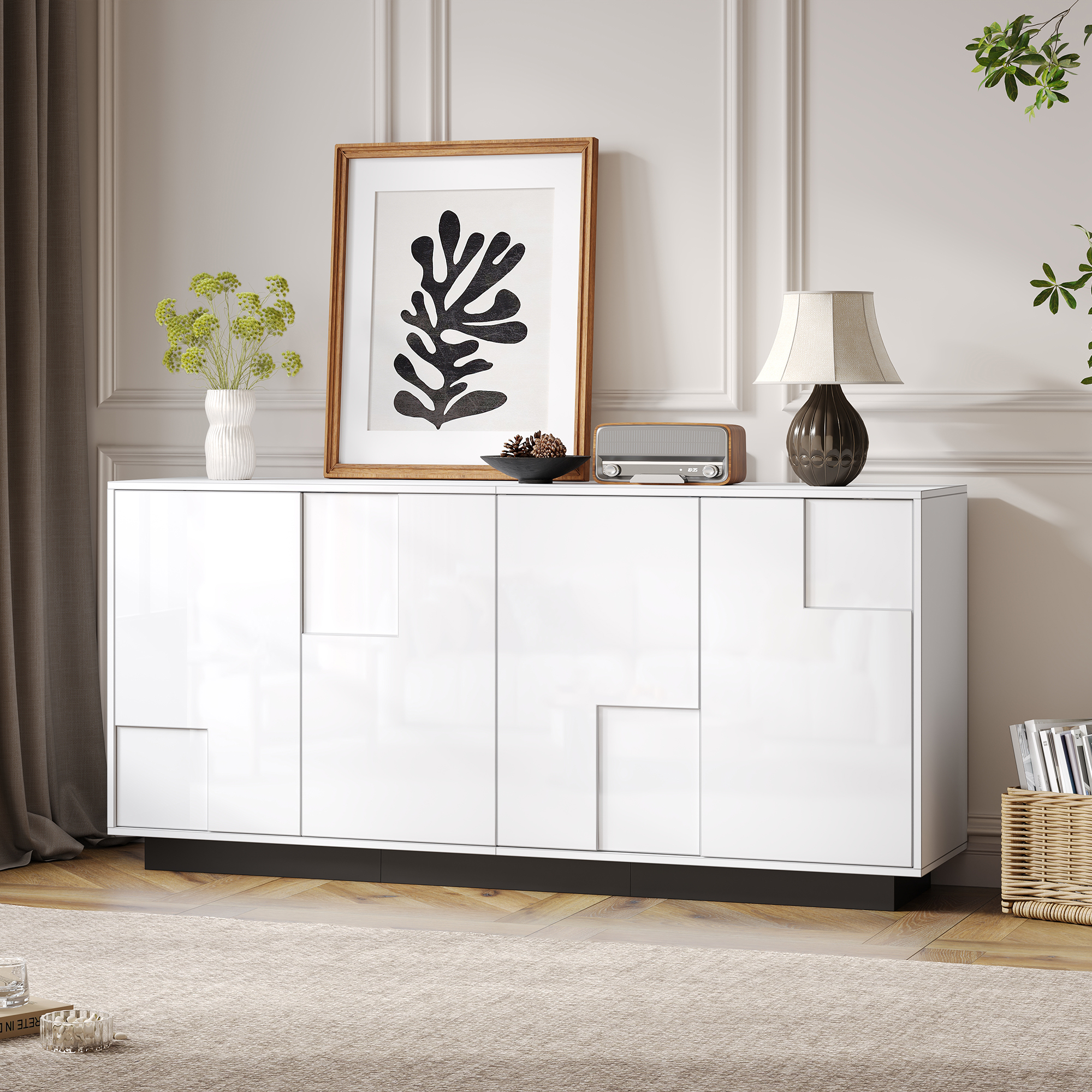 Living Room Sideboard, 160 X 37 X 75.5 Cm, With 4 Doors. High Gloss Cabinet,Geometric Shaped Cabinet,Comes With Large Storage,Color Scheme In White And Black,160 Width