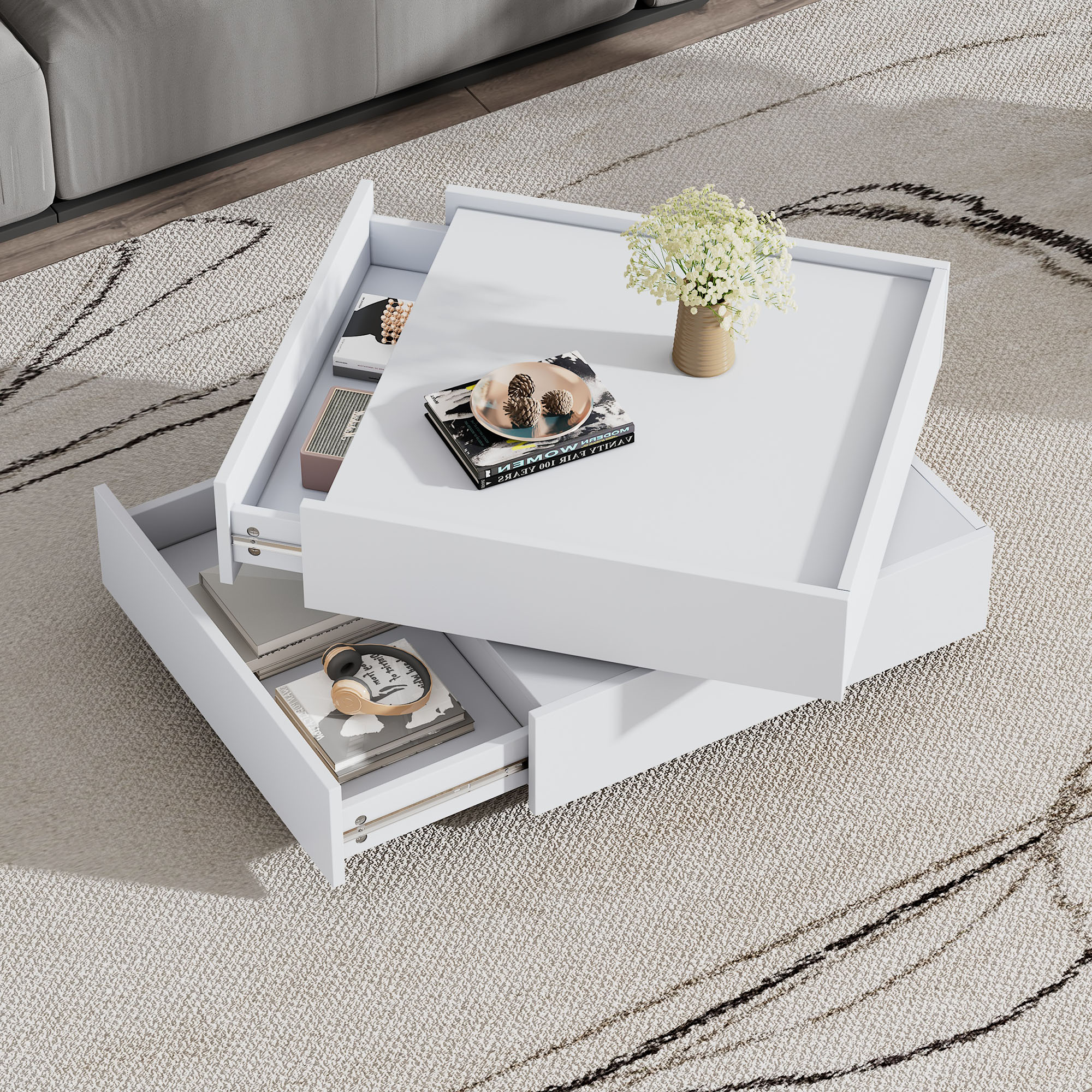 Functional Coffee Table For The Living Room, 360Rotatable, Rotating Tabletop With 2 Shelves And Storage Space, Frame, Living Room Side Table, Pure White