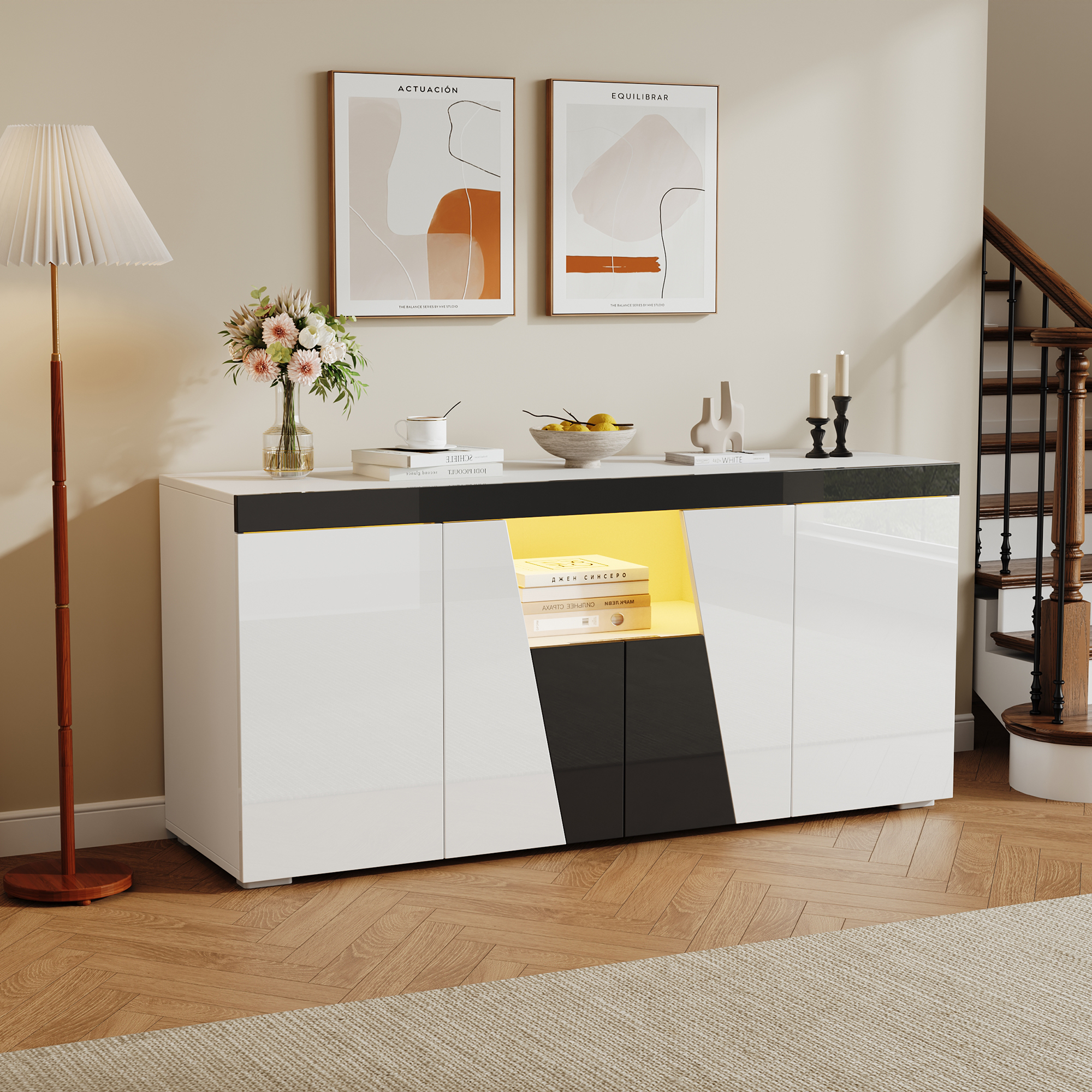 140 X 40 X 65 Cm, Living Room Sideboard,Large Storage Cabinet With 3 Wardrobes And 4 Doors,Curved Design- Black & White Color Locking,Modern Dresser With LED Light Bar