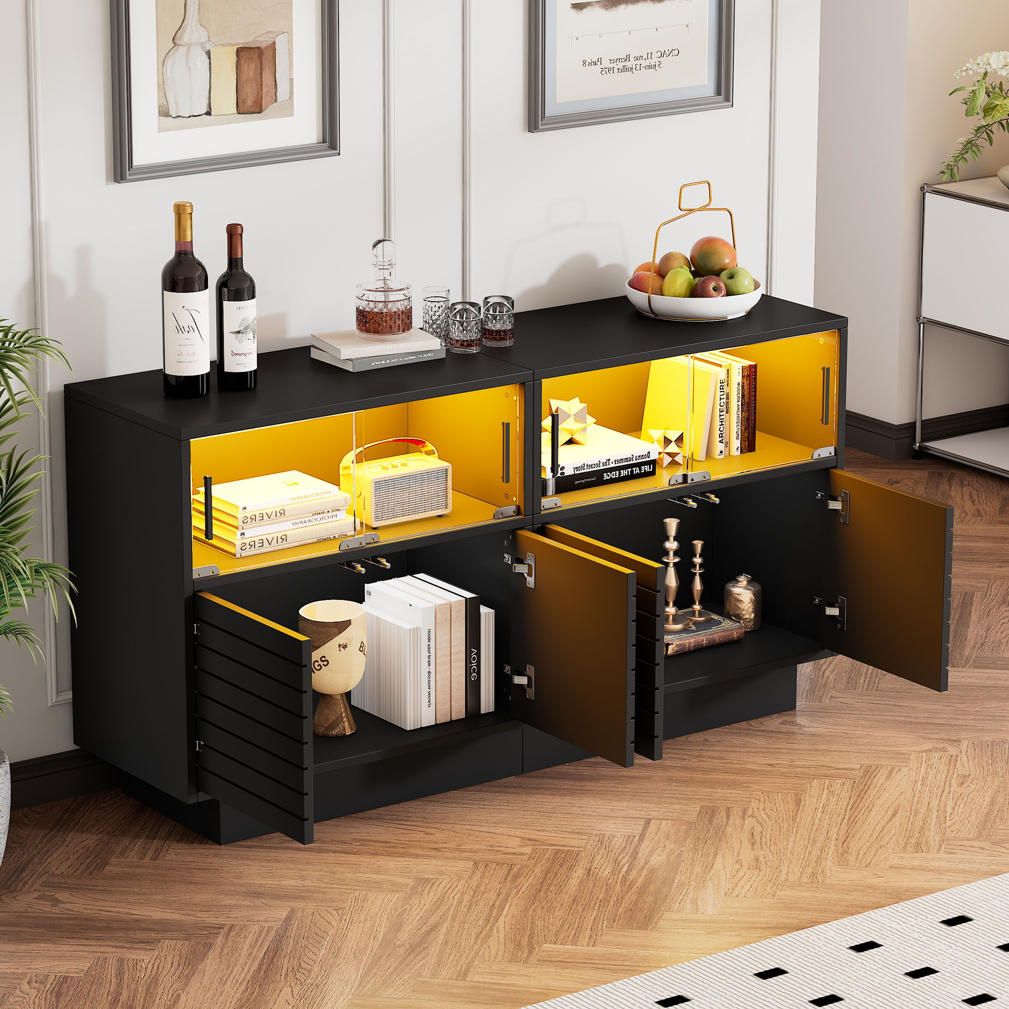 130x35x68cm Sideboard With 2 Cabinet, 4 Compartments, Glass Doors, Width 130 Cm, Side Cabinet With LED Light, Living Room Cabinet With Plenty Of Storage Space, Modern Highboard