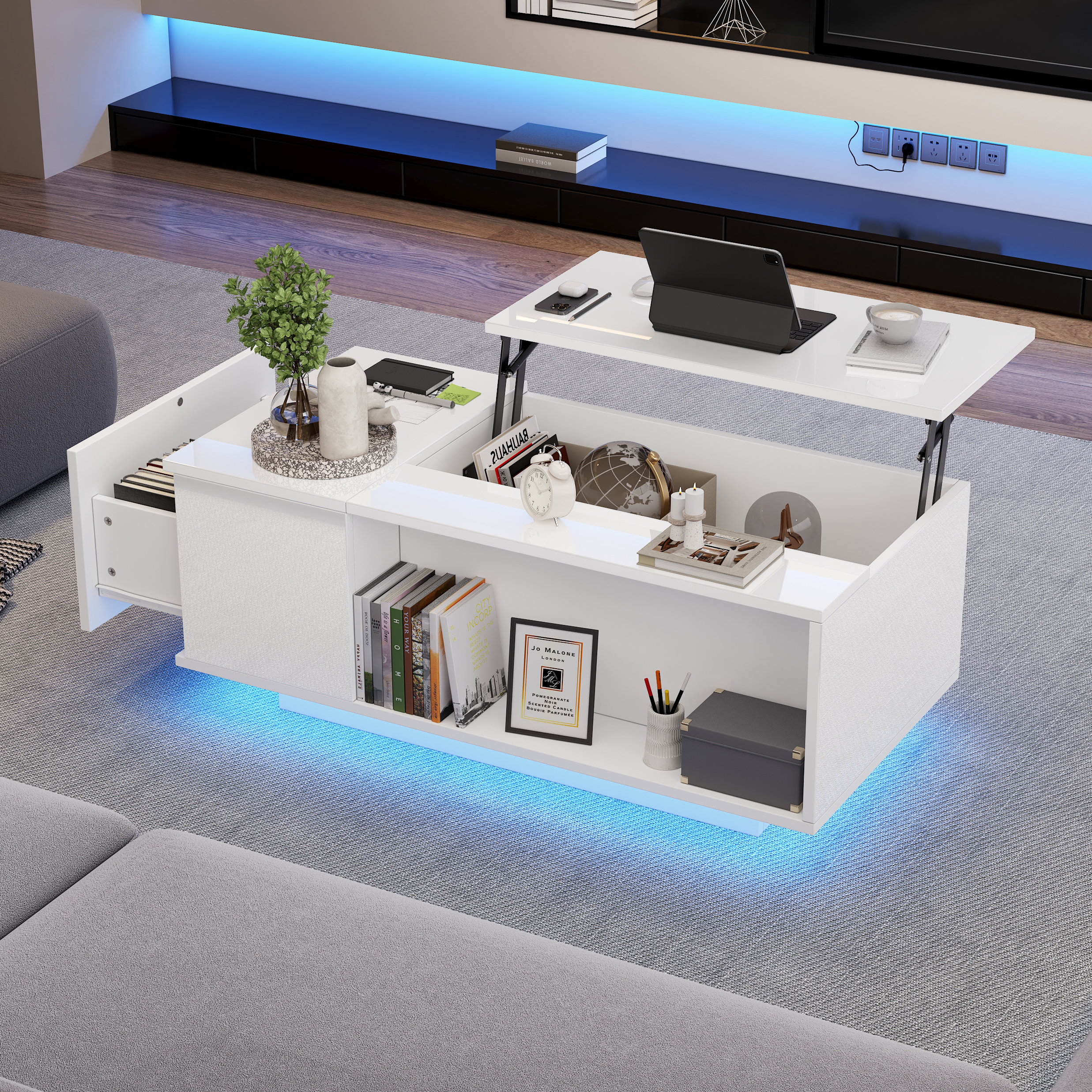 100x50x40cm Coffee Table Height Adjustable Coffee Table With Hidden Storage, Side Table With LED Light, Living Room Table With Drawer, Table, Sofa Table, White
