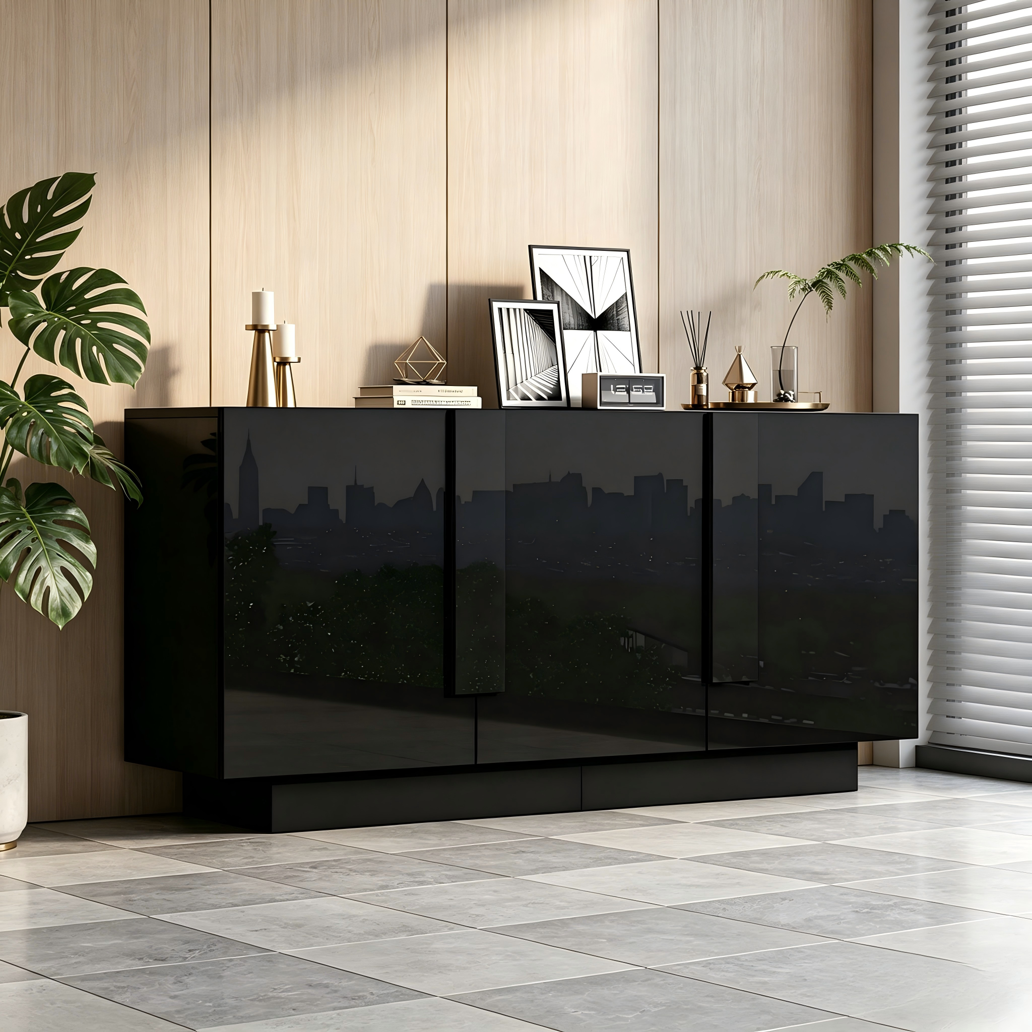 Living Room Sideboard  35 X 160 X 60 Cm , A Living Room Cabinet With 3 Doors, High-gloss Storage, 6 Storage Compartments And Plenty Of Storage Space.Wide Cabinet, Black, Chipboard, Easy To Clean, Ches