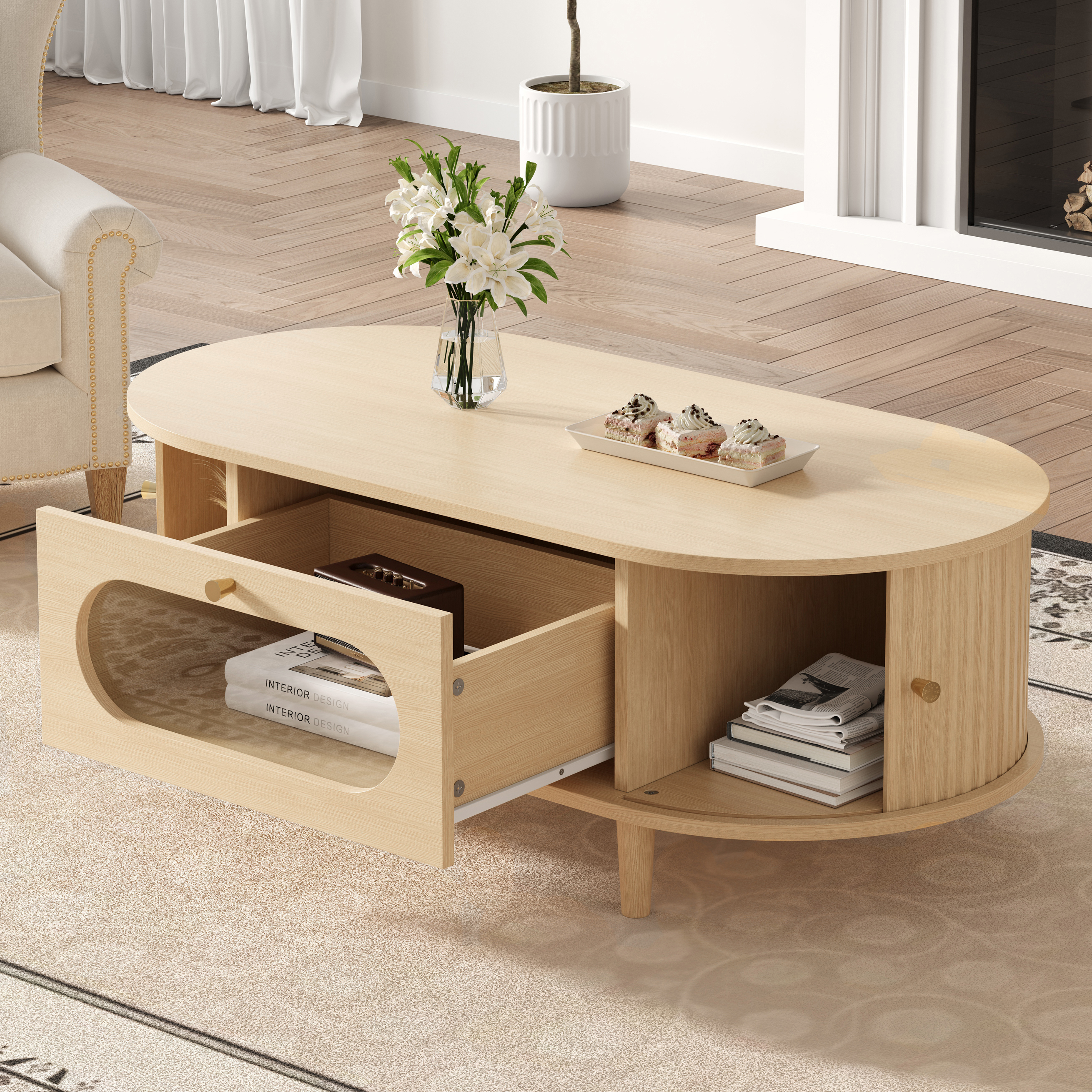 100 X 50 X 36 Cm Living Room Coffee Table, Wood Color. Coffee Table With One Drawer, Coffee Table With Roller Door, Side Table, Living Room Table With