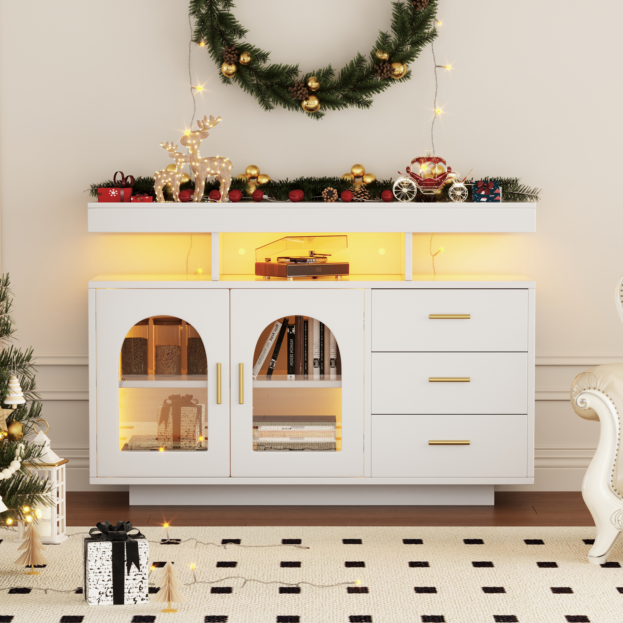 323704705WAA LED Sideboard Buffet Cabinet, 120cm Coffee Bar Cabinet, Drawer Cabinet, Sideboard Living Room, High Gloss Kitchen Cabinet With 16 Color L