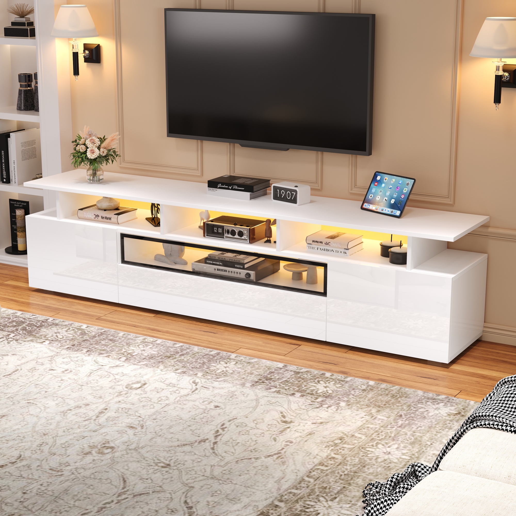 180x38x45cm TV Cabinet,High Gloss TV Stands,TV Cabinet With 2 Cabinets And 1 Drawer,Lowboard With LED And 10 Storage Points,Stand Living Room Cabinet, Suitable For TV Around 75 Inch