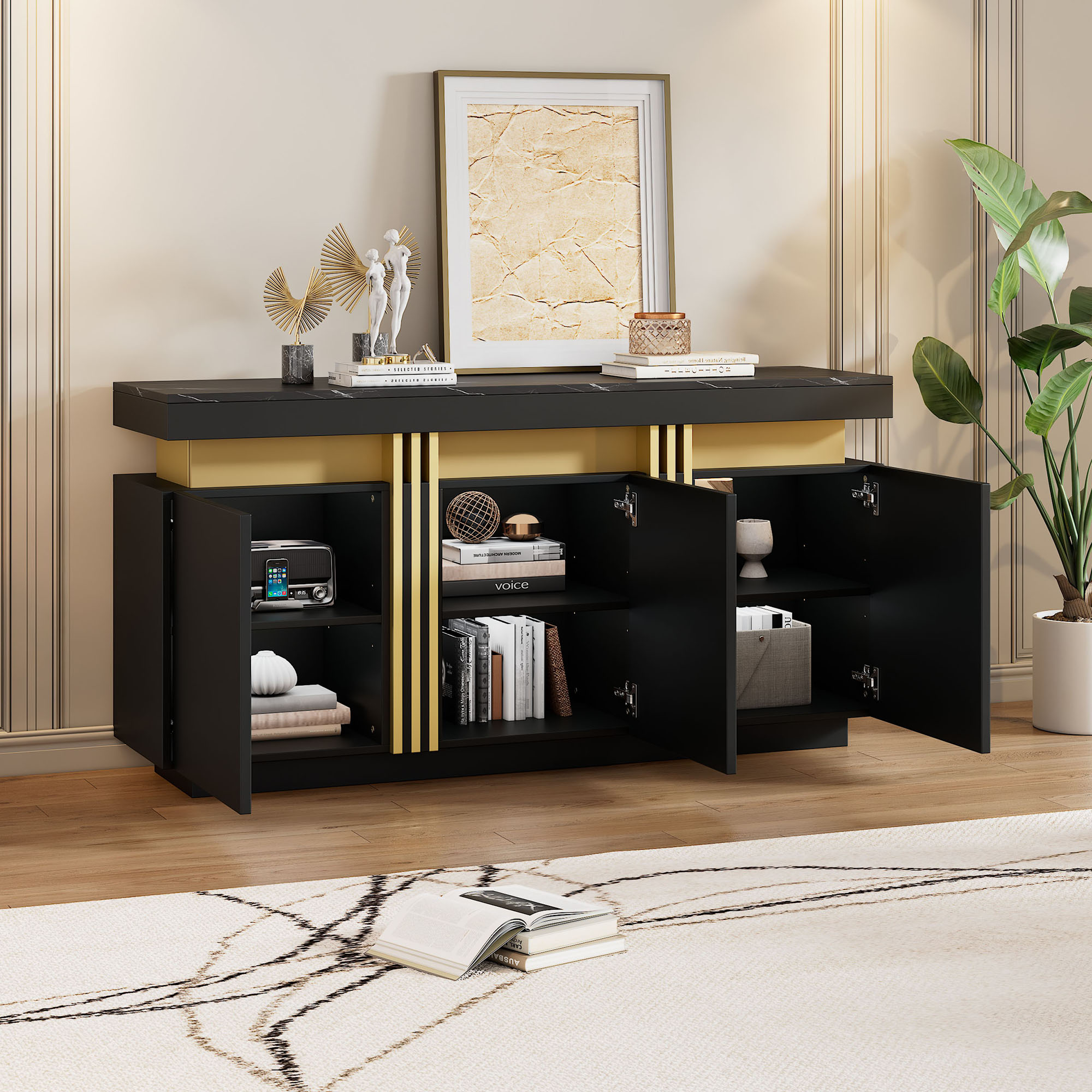 140x38x70cm Modern Black Sideboard Display, 3 Doors, Dining Room Cabinet With Adjustable Dividers, Perfect For Kitchen, Living Room, Dining Room, Hall