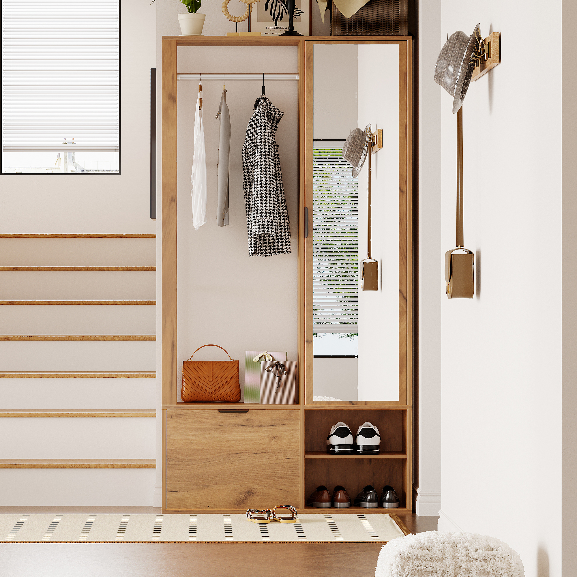 Wardrobe With Hallway, 6-in-1 Entryway Wardrobe, For Hanging Coats, Hallway Wardrobe With Clothes Rack, Wardrobe And Mirror, Width 100 Cm, Wardrobe With Lower Door, Wood Color