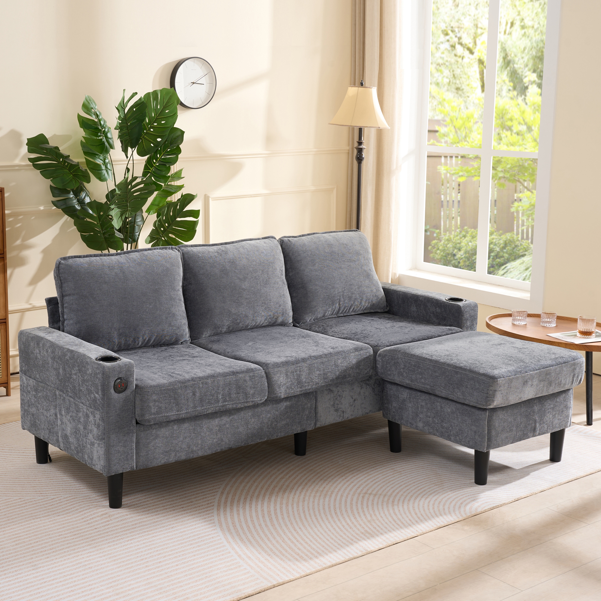 Upholstered Sofa & Couch With USB & Type-C Ports, 3 Seater Sofa With Dual Cup Holders For Living Room, Apartment, Lounge & Bedroom - L-Shaped Sofa Bed