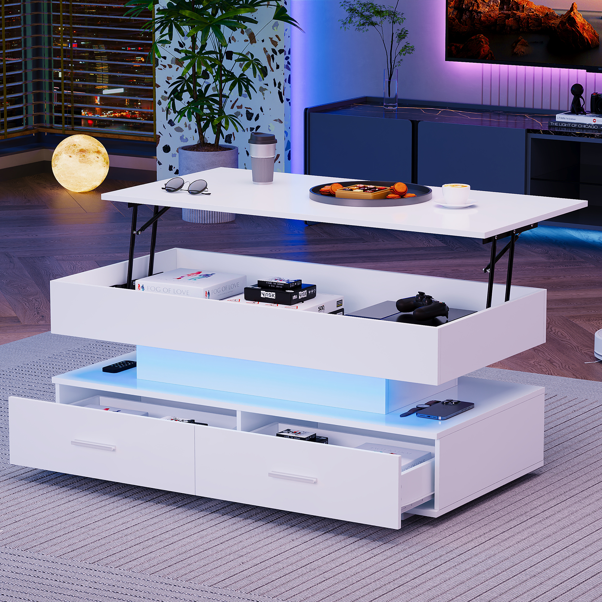 100x50x44cm Hydraulic Height Adjustable Coffee Table, With LED Lighting, Bluetooth APP Control, 2 Drawers And Open Storage,White Liftable Coffee Table