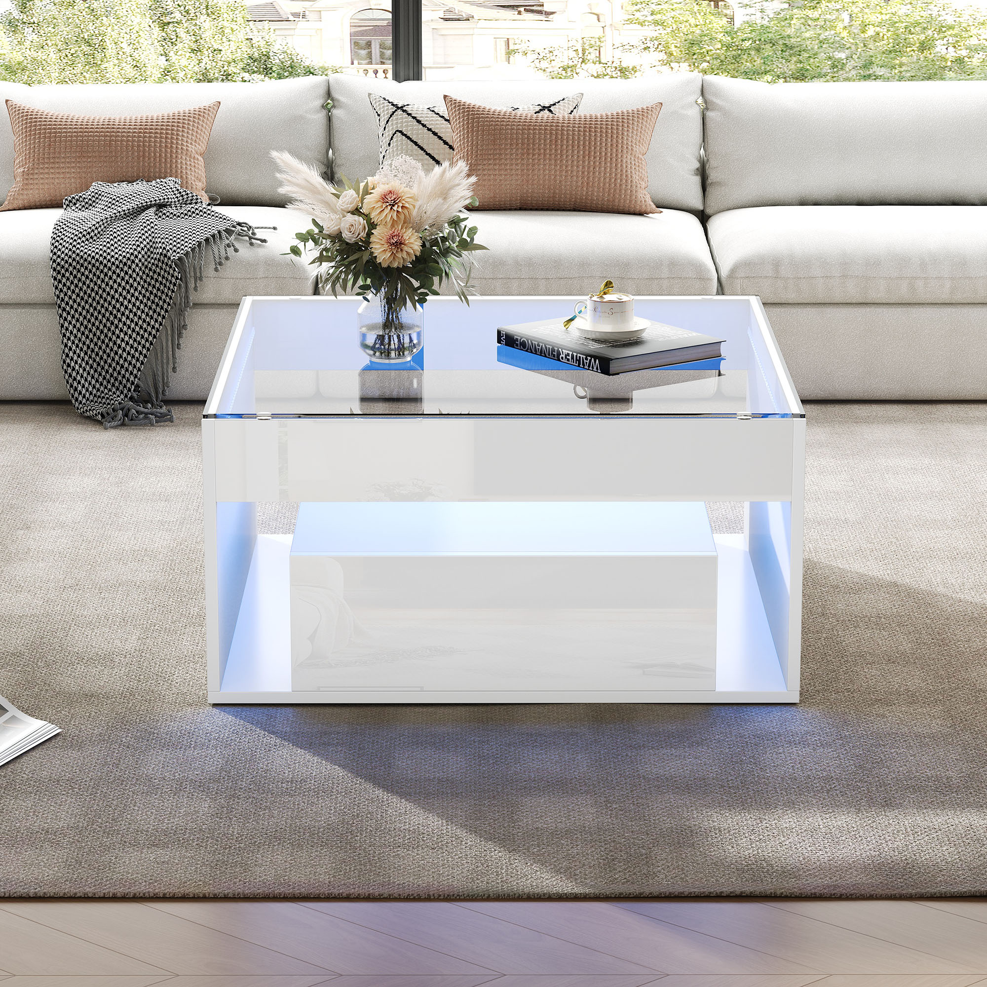 Table basse 70 x 70 x 35 cm, table d'appoint avec 2 tiroirs, table de canapé