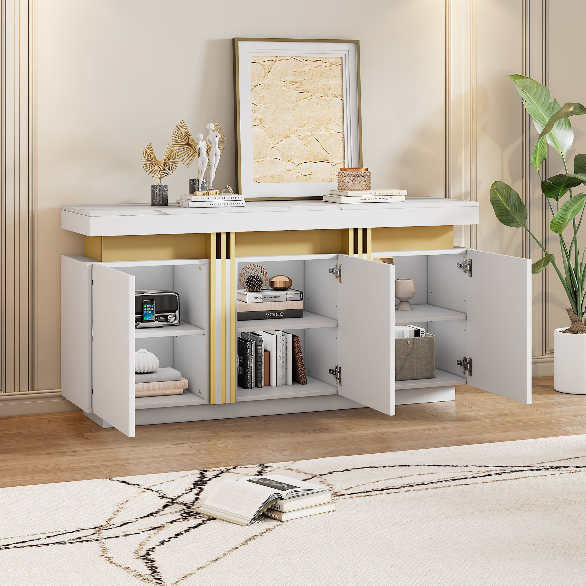 140X38X70cm Modern White Sideboard Display, 3 Doors, Dining Room Cabinet With Adjustable Dividers, Perfect For Kitchen, Living Room, Dining Room, Hall