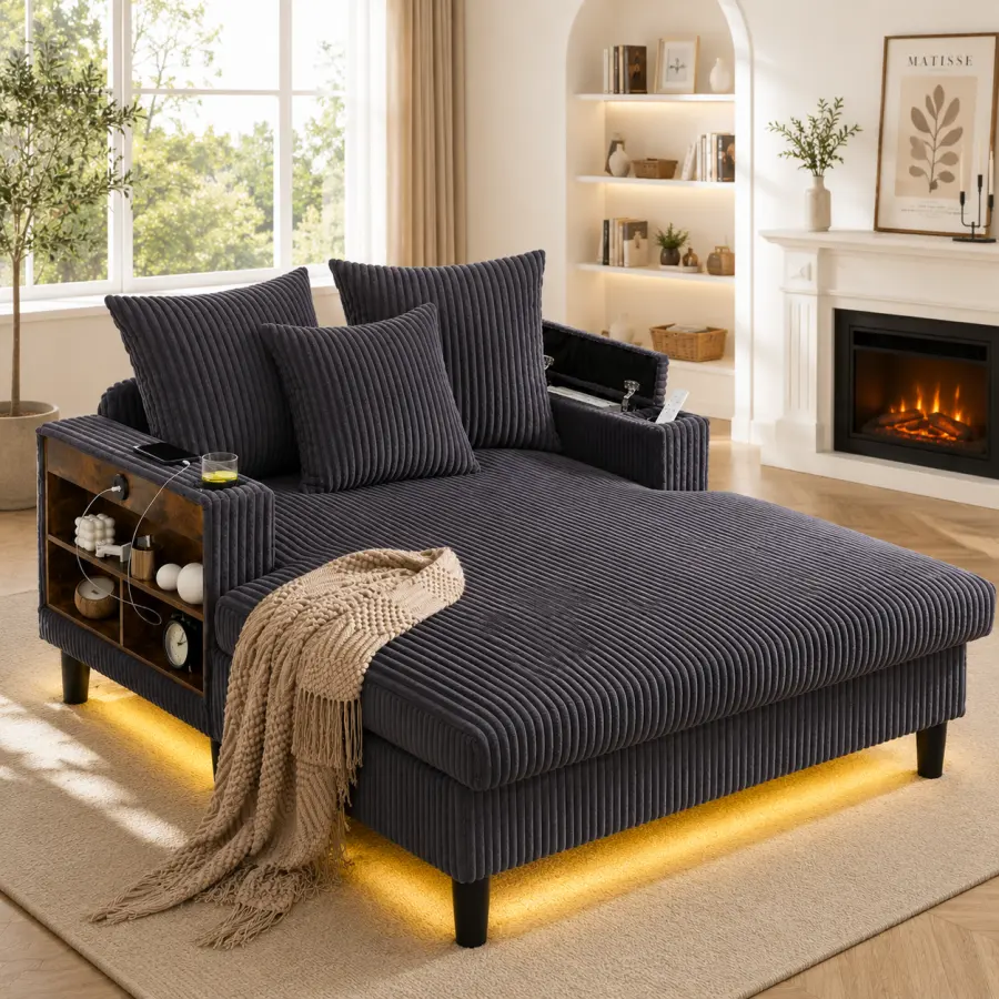 Multifunctional Corduroy Lounge With Chaise Longue With Large Lying Su