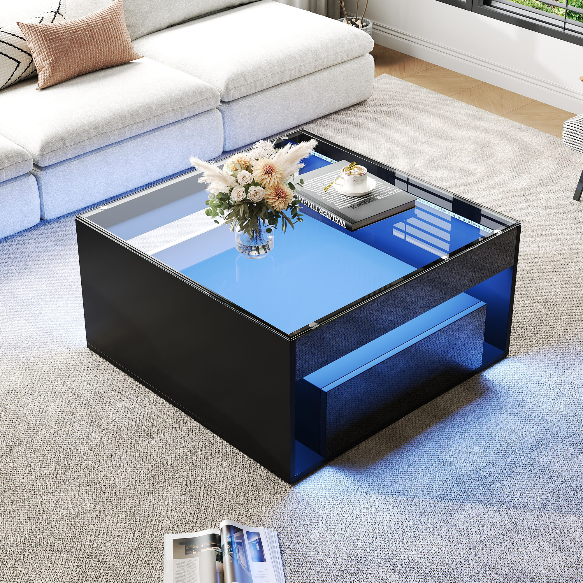 Table basse 70 x 70 x 35 cm, table d'appoint avec 2 tiroirs, table de canapé – Image 4
