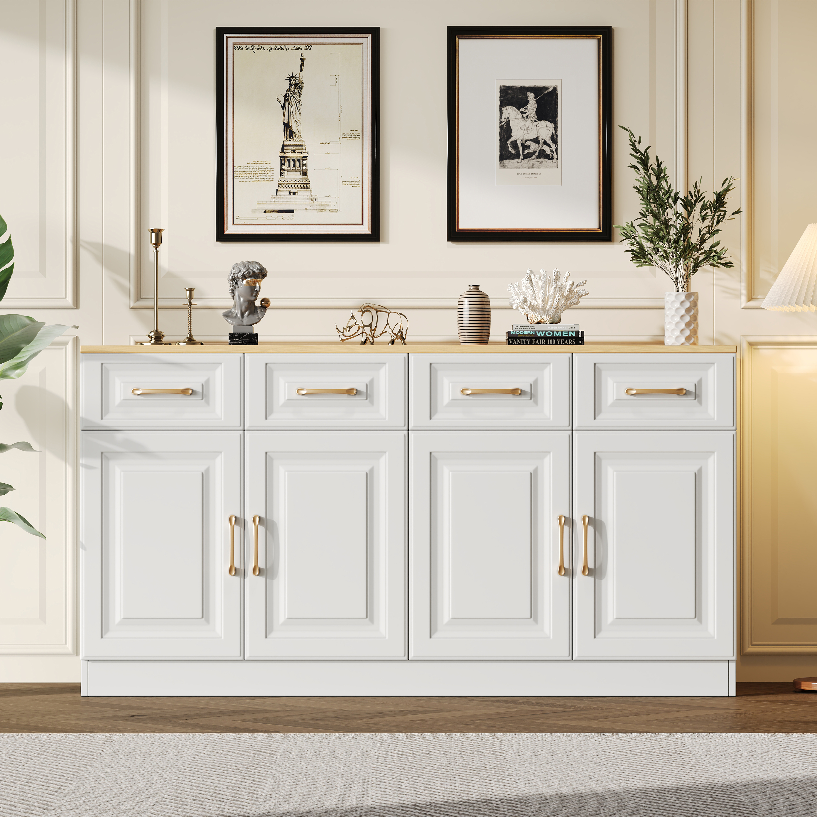 140 Cm Sideboard Buffet With Storage Space, Coffee Bar Cabinet With 4 Drawers And 4 Barn Doors, Long Storage Cabinet In Modern Farmhouse Style, White Wood, For Kitchen, Dining Room, Living Room