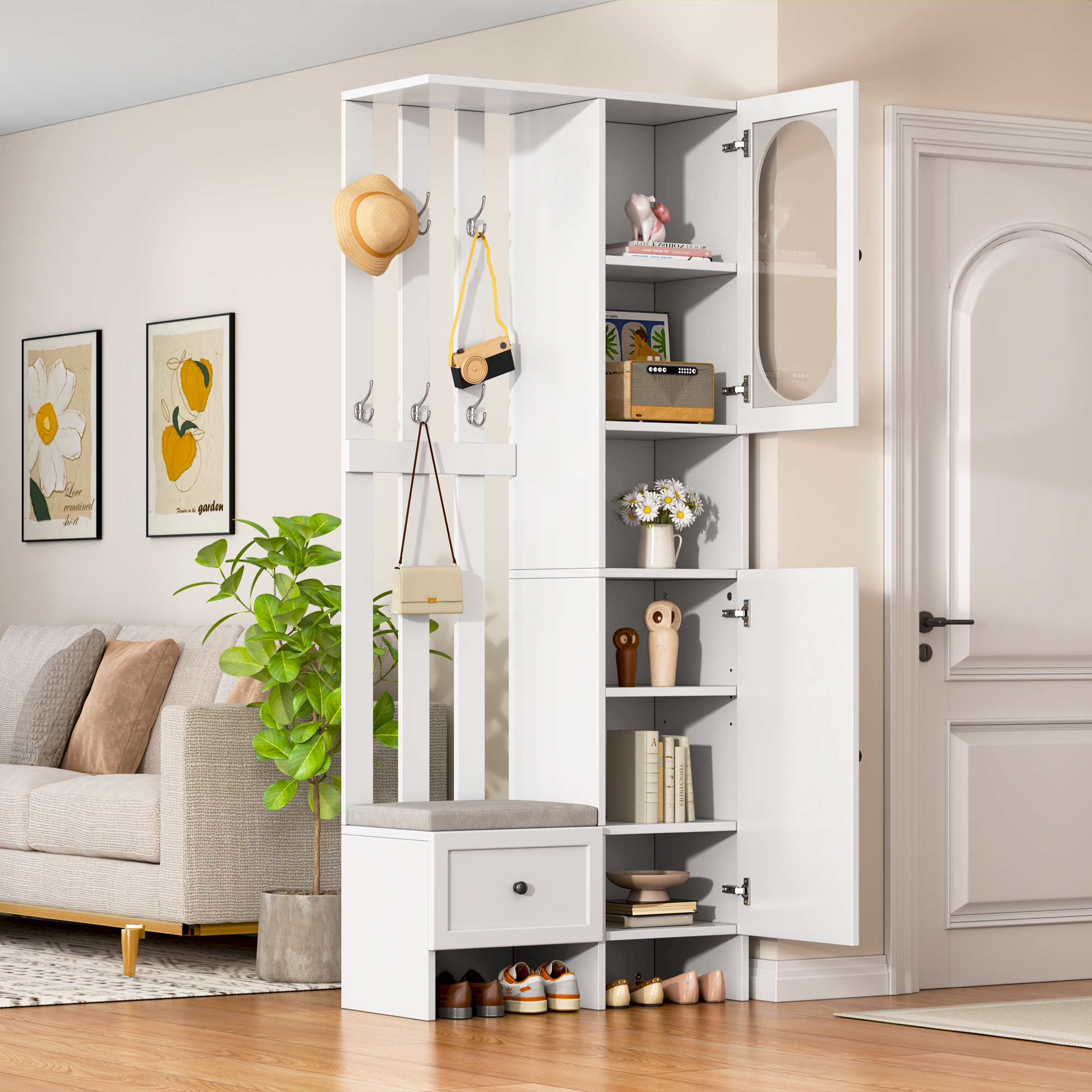 85x33.5x200cm Compact Wardrobes,Home Furniture With 2 Cabinets,Tempered Glass Storage Cabinet, Wardrobe Set White Entrance Cabinet, Coat Rack With Sho