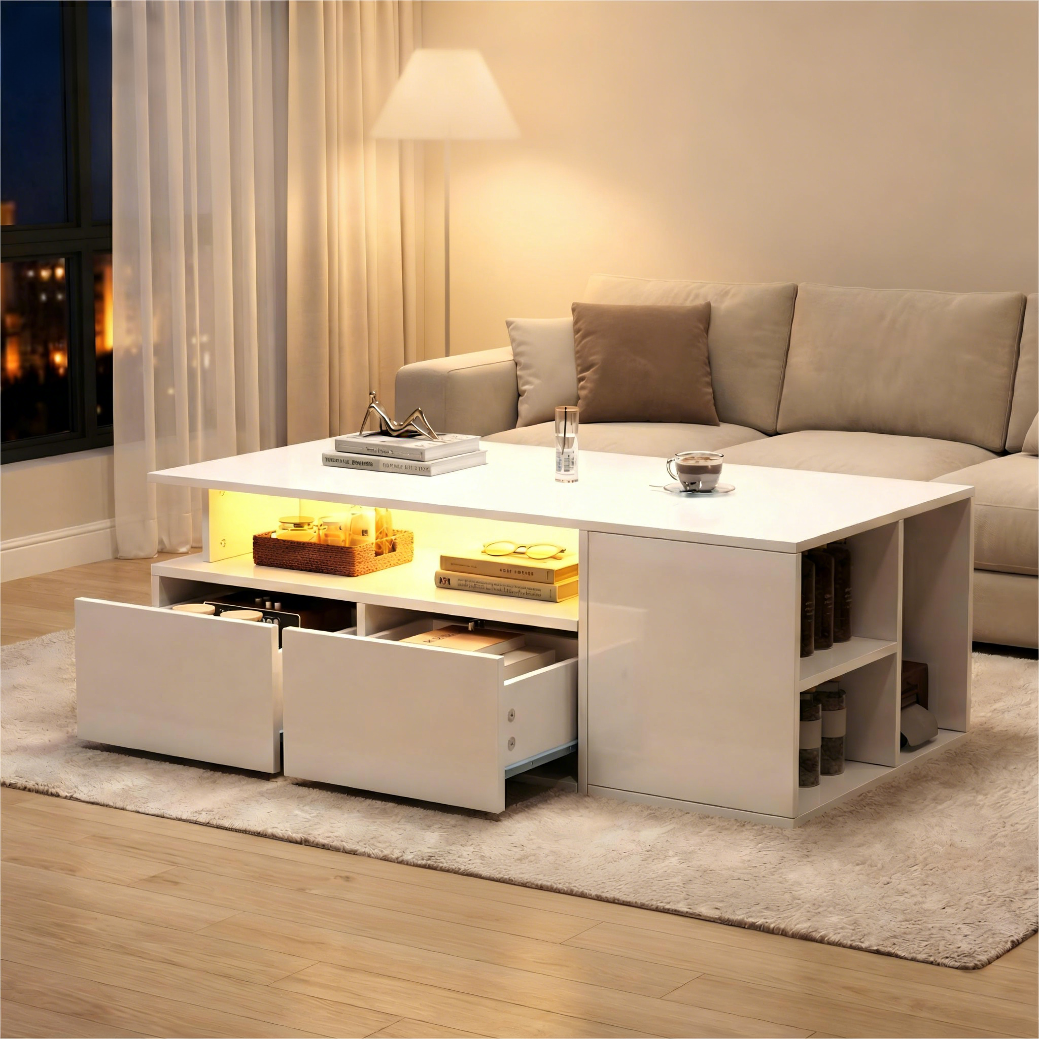 100x50x35cm Tea Table With LED, Living Room Coffee Table, Sofa Table With 2 Drawers, Coffee Table With Total Load Capacity Of 60kg, White Living Room Table With Plenty Of Storage