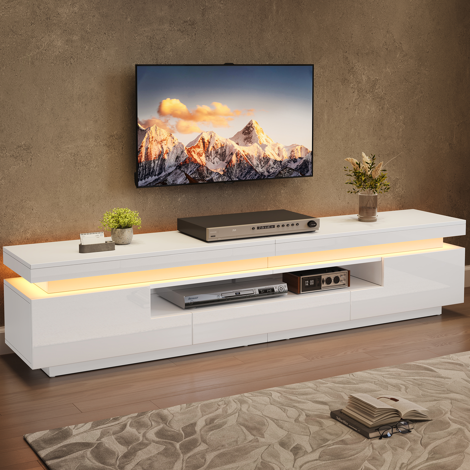 175x38x45cm Living Room TV Stand With 2 L-Shaped Cabinets And 1 Drawer,High Gloss Living Room Cabinet With LED,Lowboard With Semi-Open Storage,Floor-standing TV Cabinet Suitable For TVs Around 75 Inch
