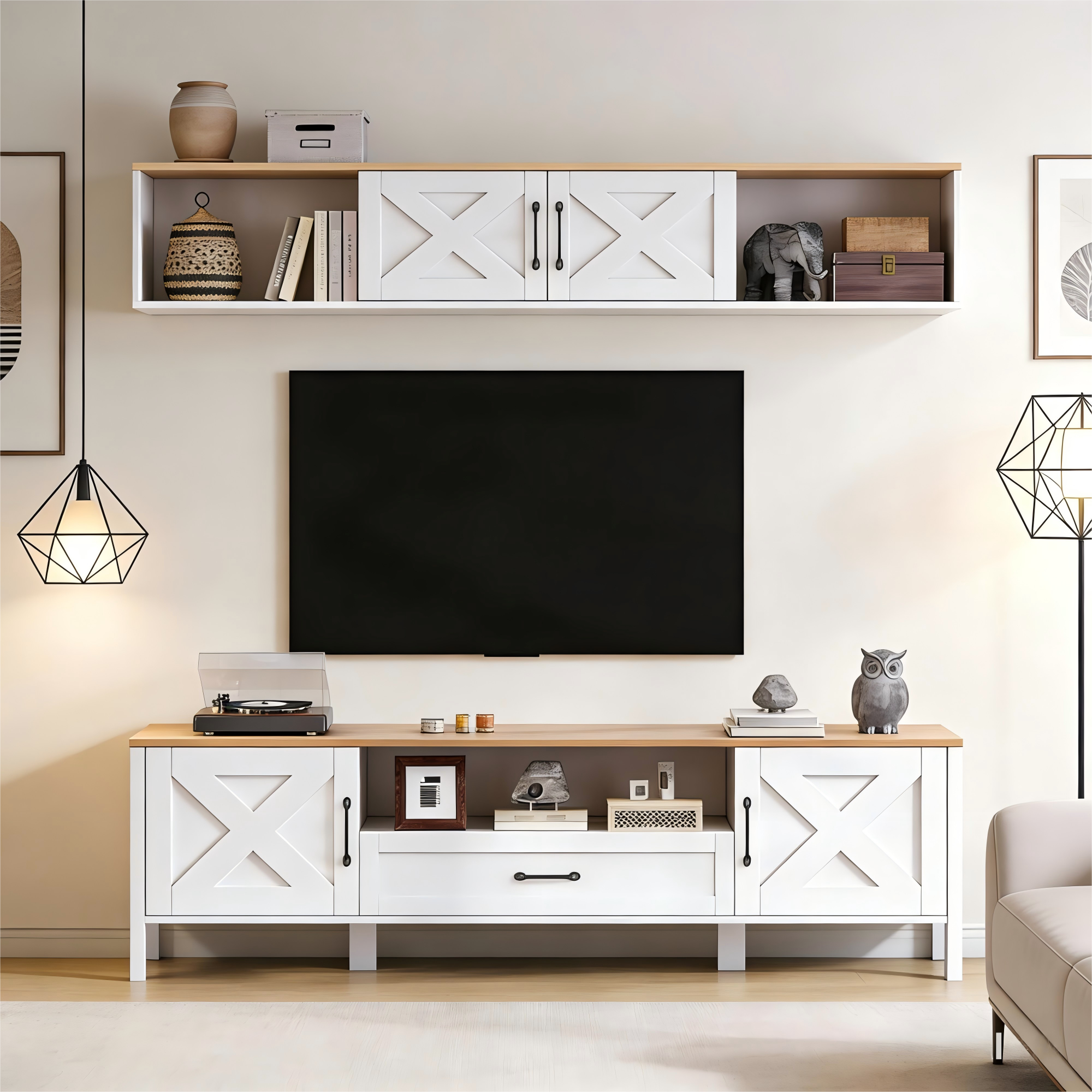 180x40x50cm TV Wall Unit Set Complete Set, 2 Pcs, TV Stand  Hanging Showcase, Media Wall Set, TV Living Room Furniture Set With 4 Cabinets And 1 Drawe