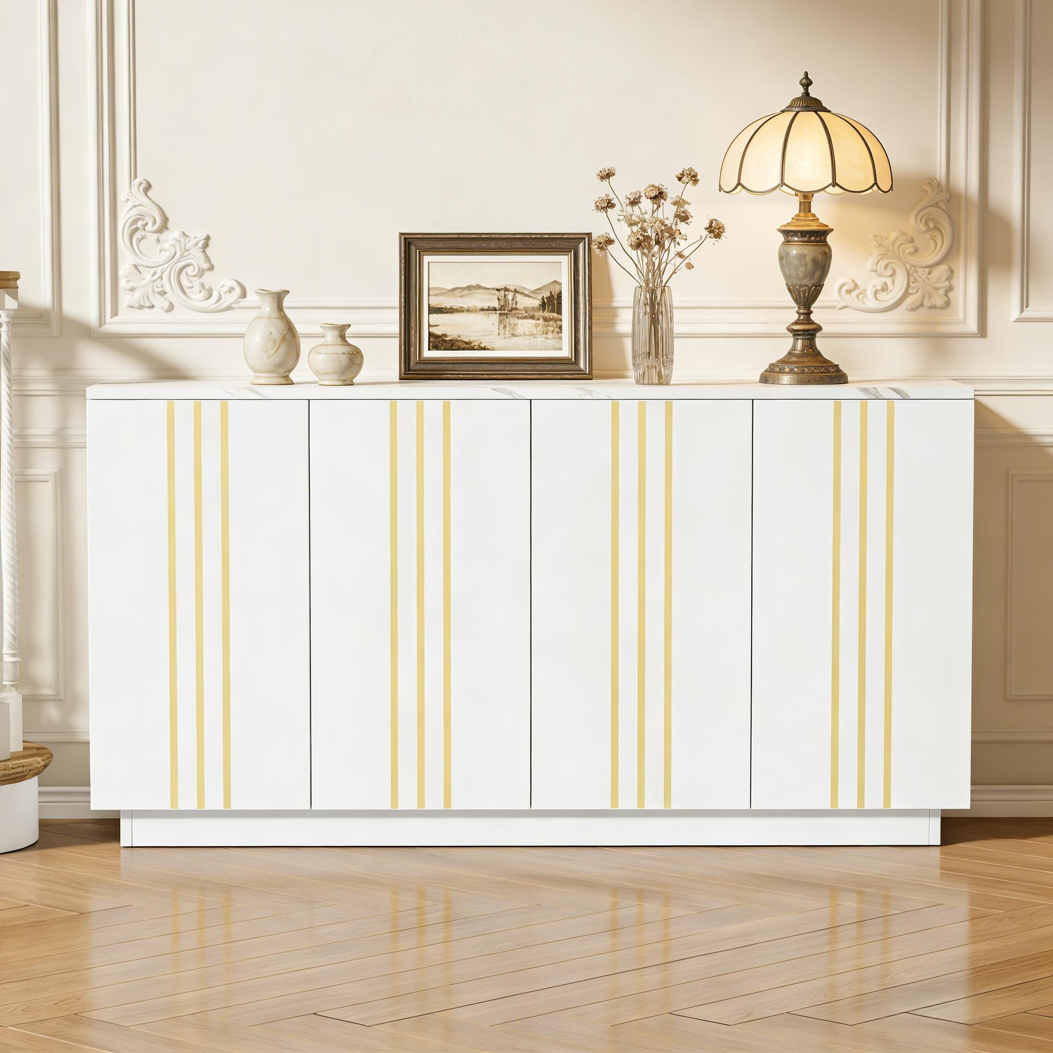 Living Room Sideboard, Storage Cabinet With 4 Doors, 35 X 140 X 70 Cm.Design With Gilded Lines, Locker With Adjustable Dividers, Cabinet, Suitable For Living Room And Bedroom, White  Gold