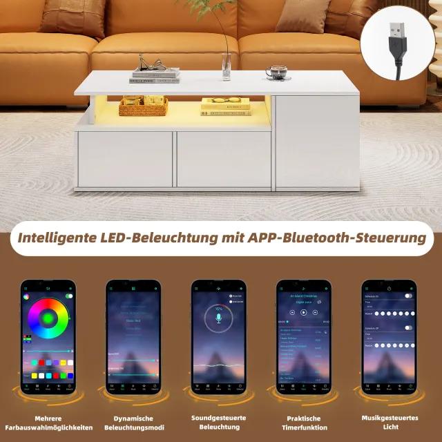 Couchtisch mit LED-Beleuchtung und 2 Schubladen, Weiß