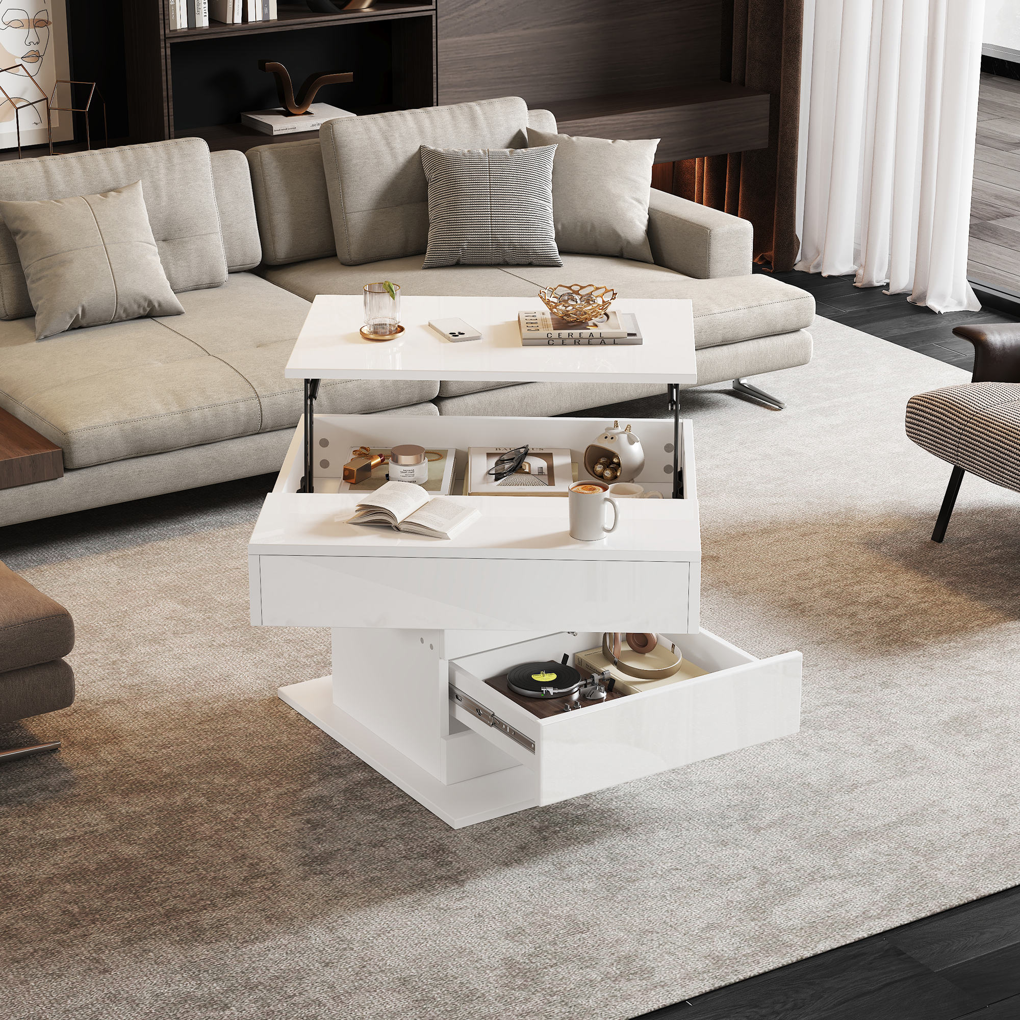 70X70X45cm Geometric Coffee Table, Top Table Top 360degree Free Swivel, Liftable Coffee Table With 1 Drawer, High Gloss Living Room Table With Hidden Storage, Sofa Table, Side Table, White