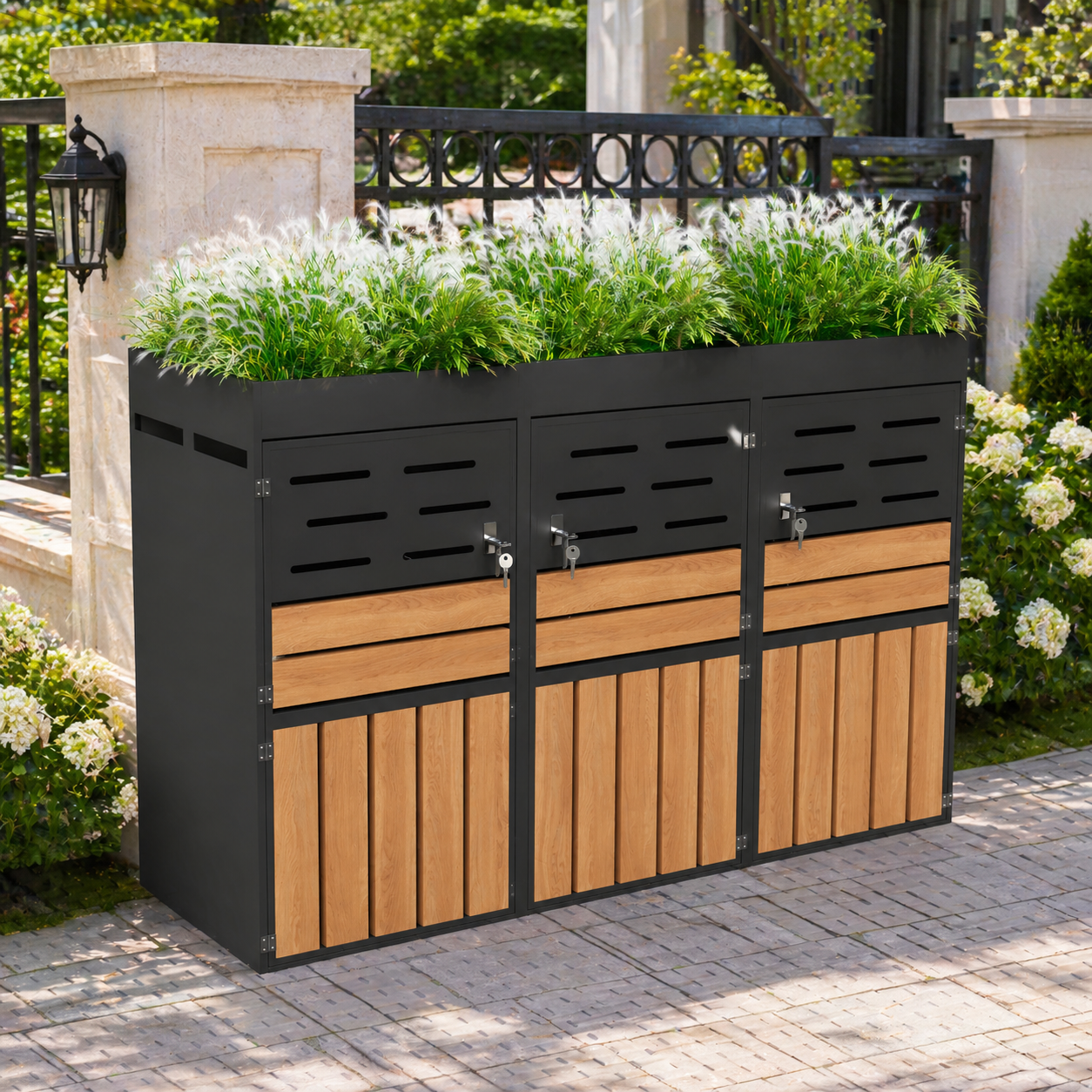 Multifunctional Outdoor Cabinet With Integrated Plant Box, Slat Ventilation, Three Separate Compartments, Galvanized Steel Frame And Safety Chain  For