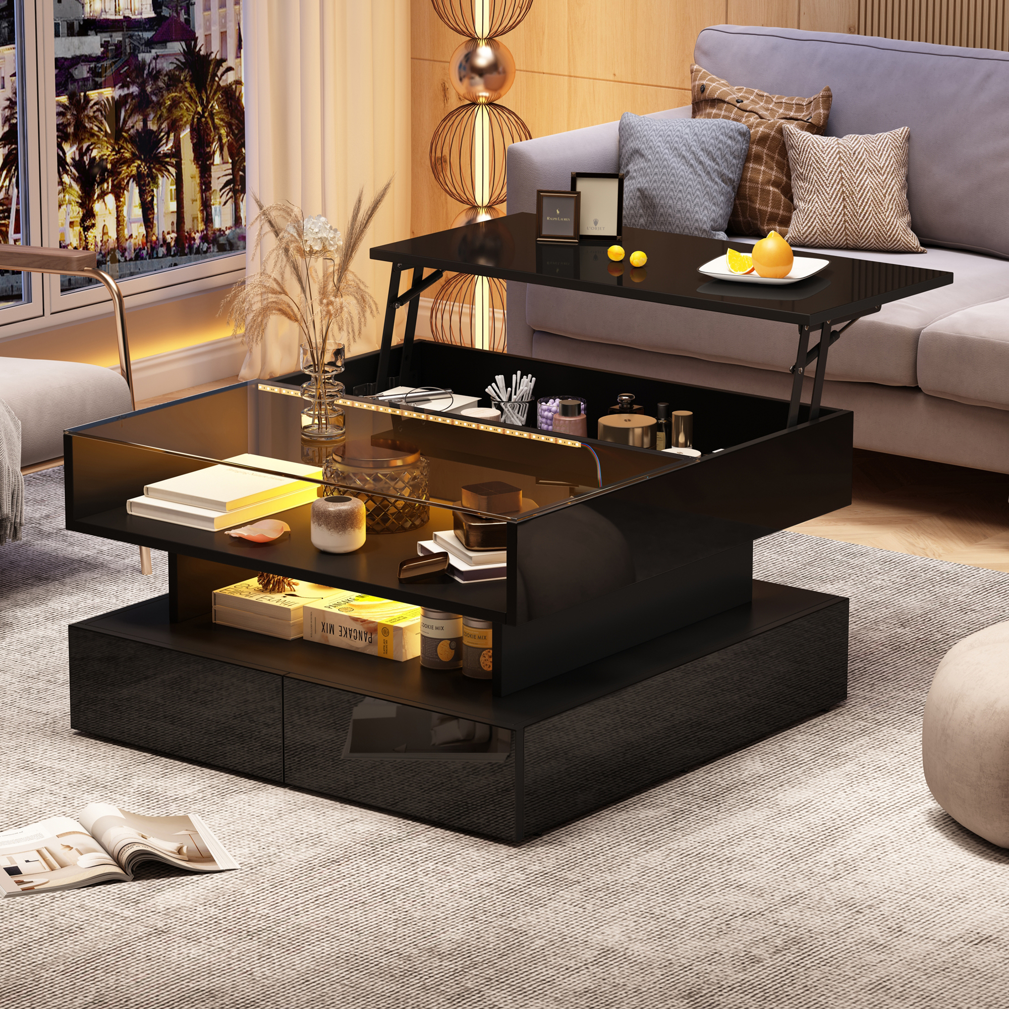 Coffee Table, Height-Adjustable Coffee Table With Hidden Storage And 2 Drawers, Sofa Table With LED Lights, High-Gloss Living Room Side Table, Living Room Table Made Of Tempered Glass, Blac