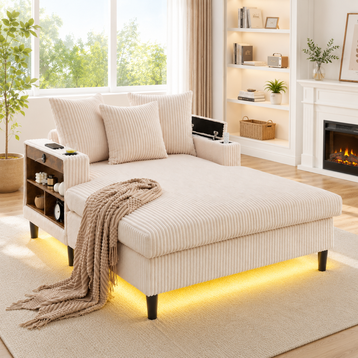 Multifunctional Corduroy Lounge With Chaise Longue With Large Lying Surface, Cup Holders On Both Sides, LED Lighting, Side Pocket, Storage Space, USB 