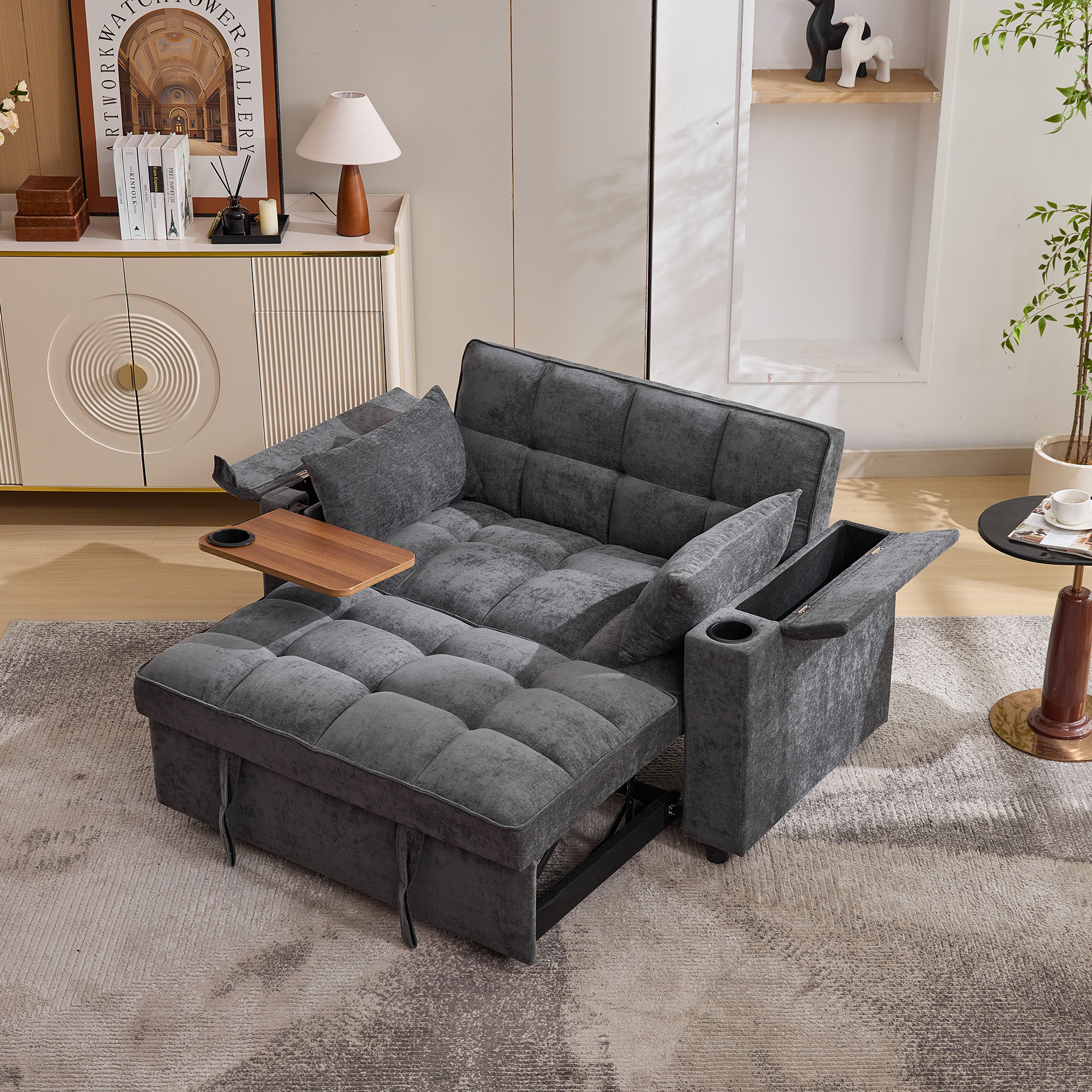 140.5x74x82cm Sofa Bed 3-in-1 Pull-Out Sofa, With Adjustable Backrest, USB Port, 2-Seater Sofa Lounge Sofa Daybed Foldable Pull-Out,Equipped With Hidd