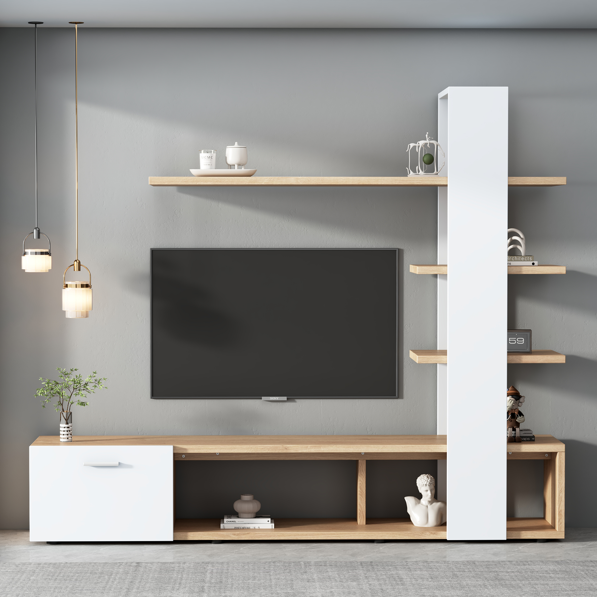Home Living Room Wall Unit, Living Room Furniture Set 180 X 33.5 X 151.5 Cm, Suitable For TVs Under 60 Inches, Modern Oak White TV Cabinet, Lowboard, 