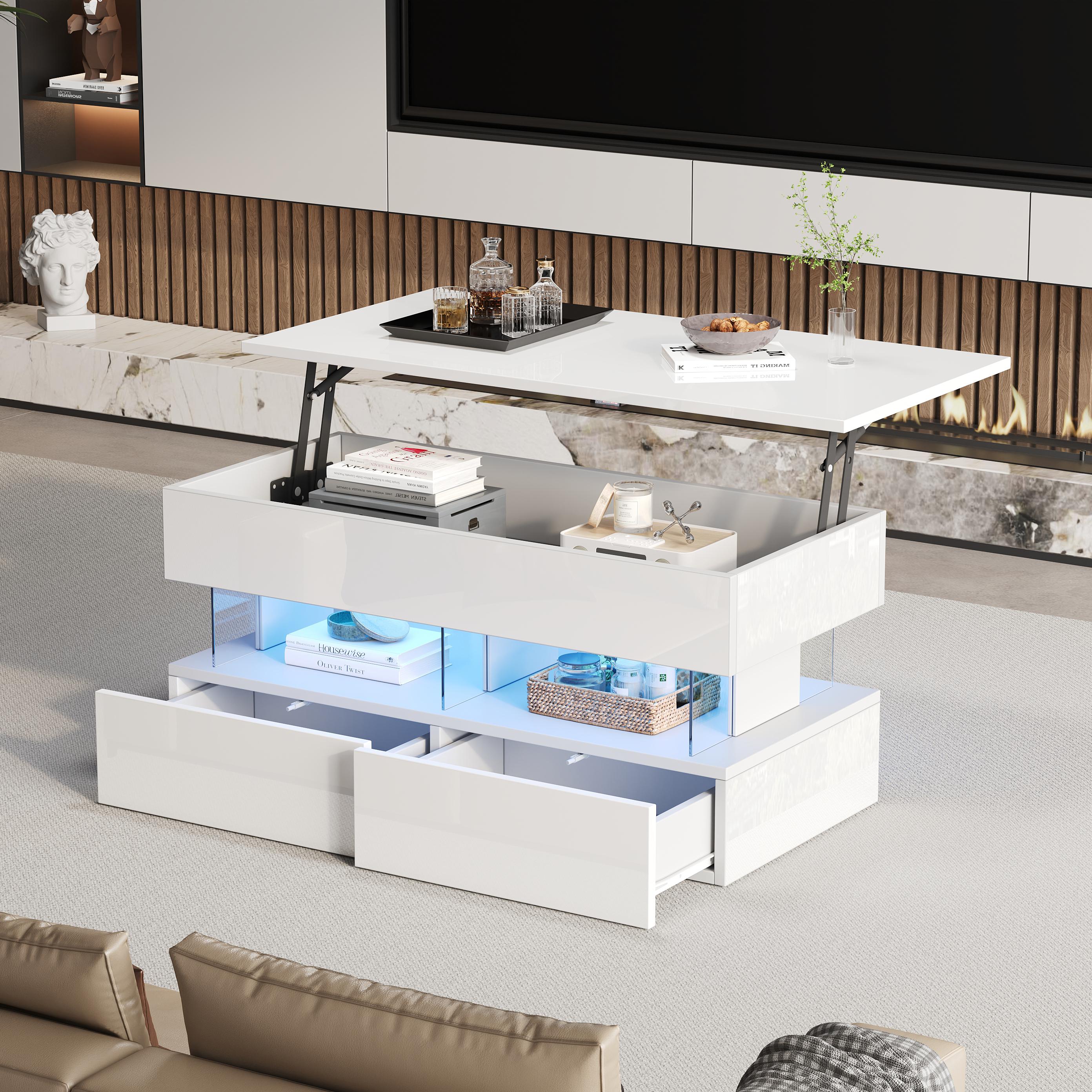 100 X 50 X 46 Cm Liftable Coffee TableSofa Table With Height Adjustable Table Top And Hidden Storage, High Gloss Side Table With LED, Coffee Table Wit