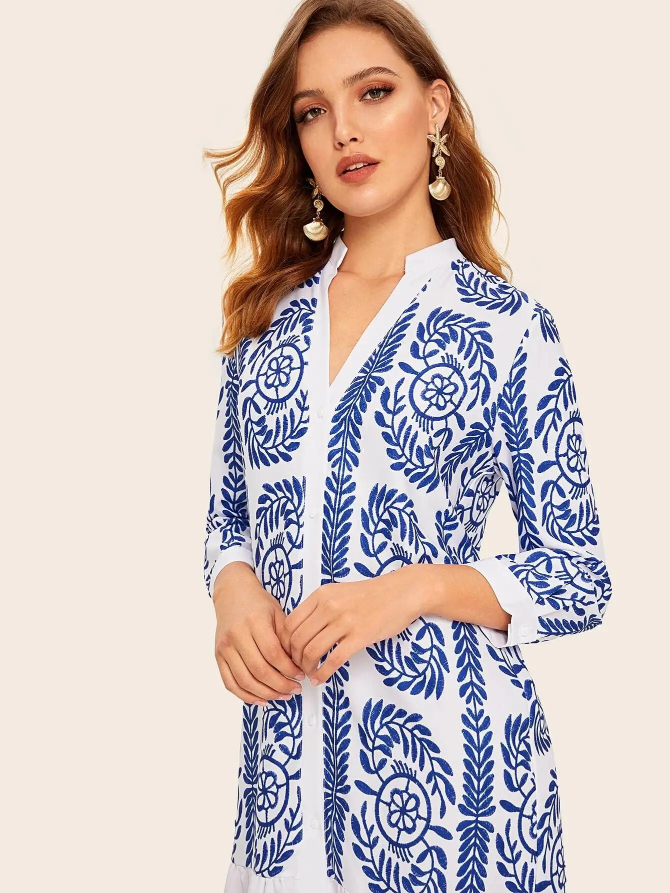 New Women's Blue And White Porcelain Printed Shirt Dress