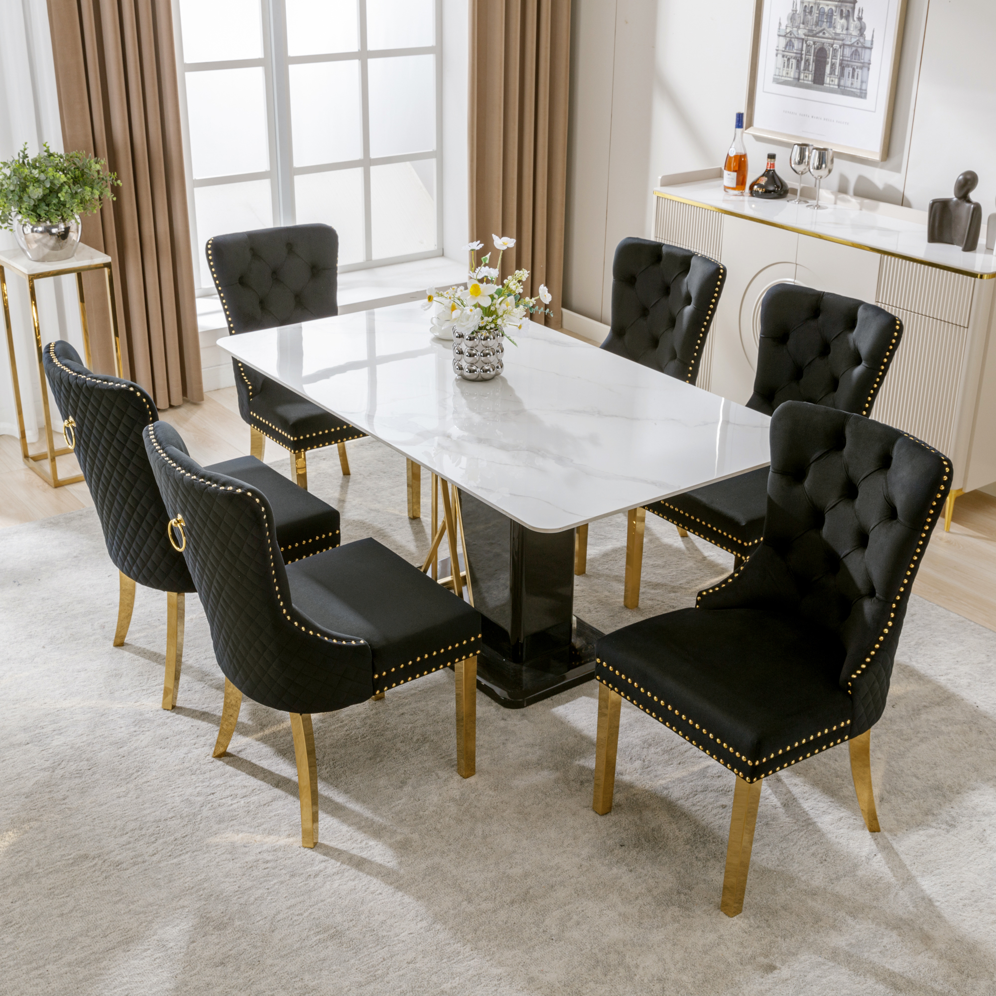 Dining Room Chair Kitchen Chair Living Room Chair With Unique Round Tensile Rings On The Back, 6 Sts, Upholstered Chair With Nail Head Occupation,Supp