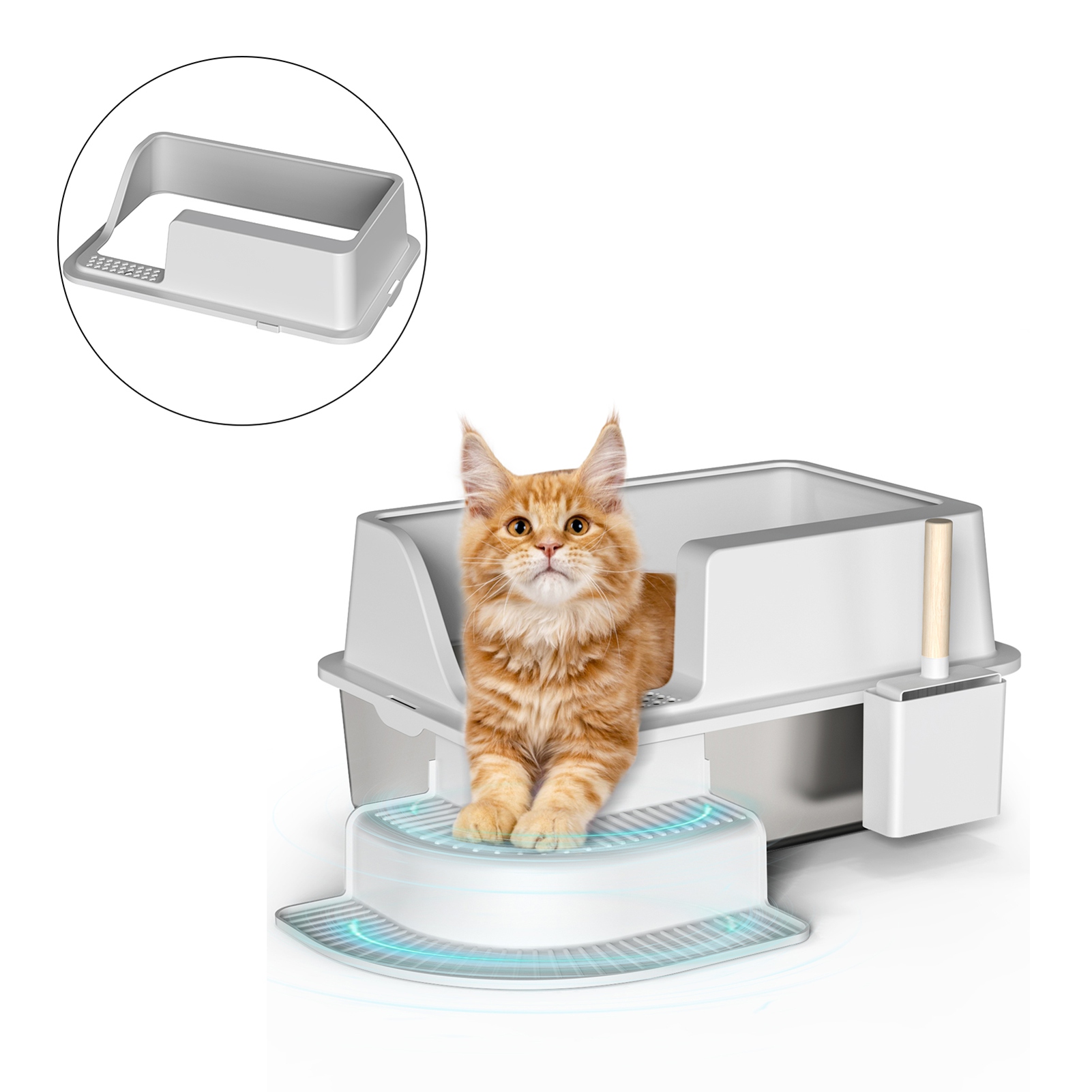 30L Semi Enclosed Cat Litter Box With Footboard And Scoop Stainless Steel Litter Box Plastic Walkway