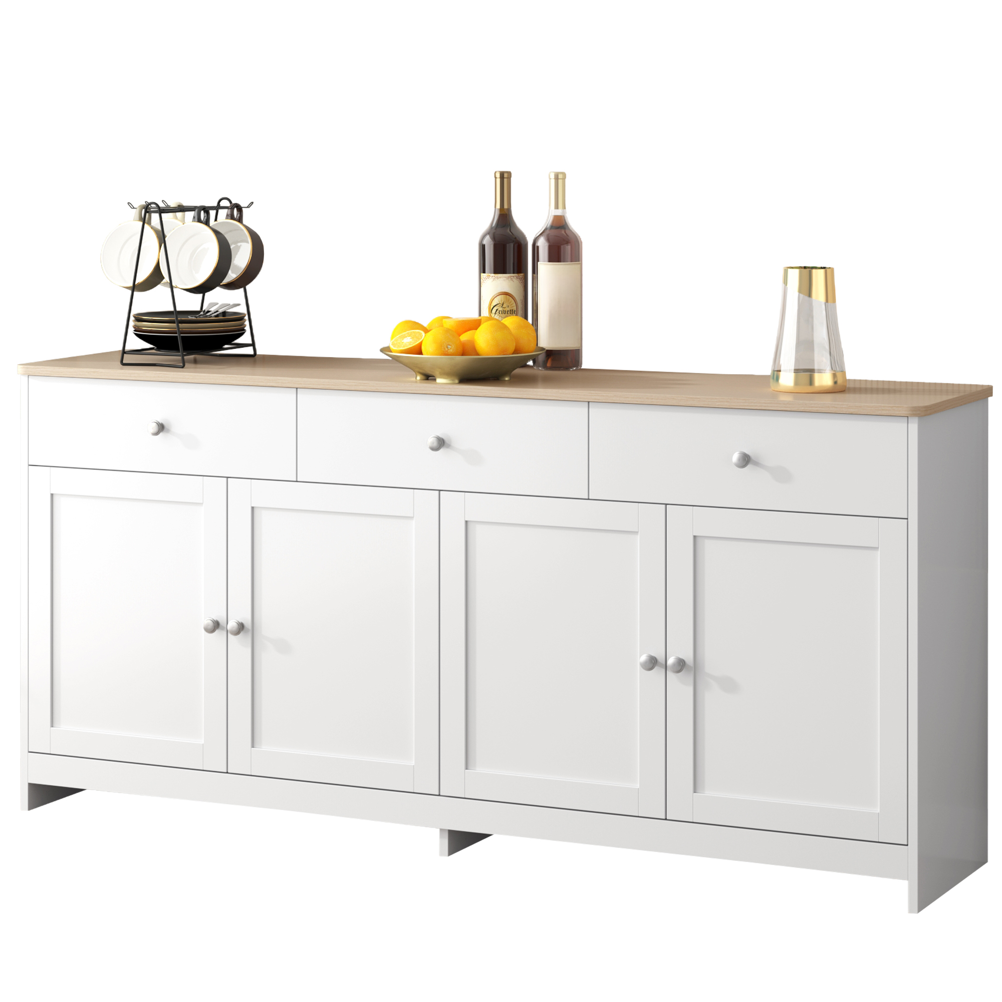 Sideboard With White Wood Grain, Four Doors, With Three Drawers, Living Room, Dining Room. Wood Color And White