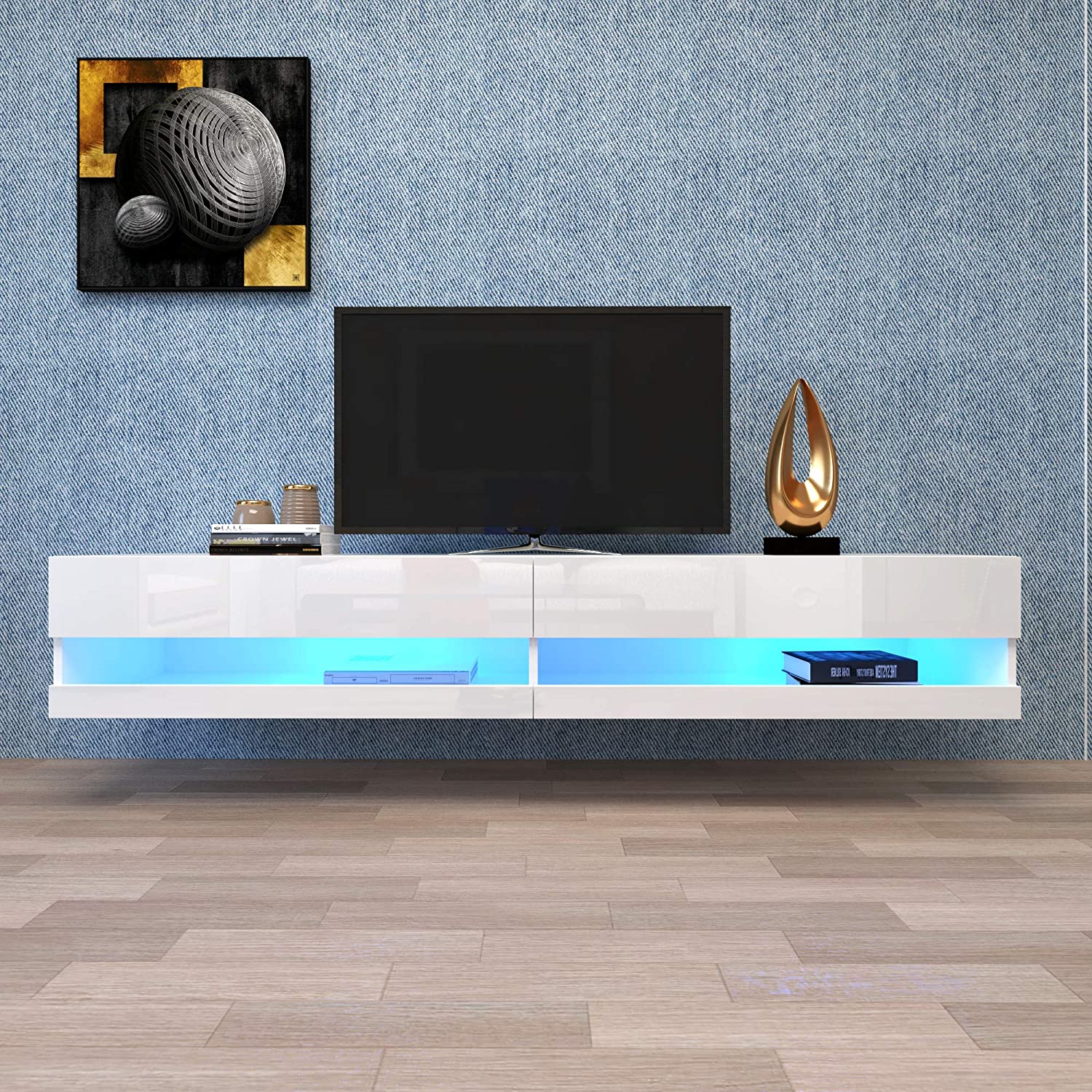 LED TV Cabinet, TV Lowboard In White With LED Lighting, High-quality TV Board With Plenty Of Storage Space For Your Living Room 140x40x30.5cm, White