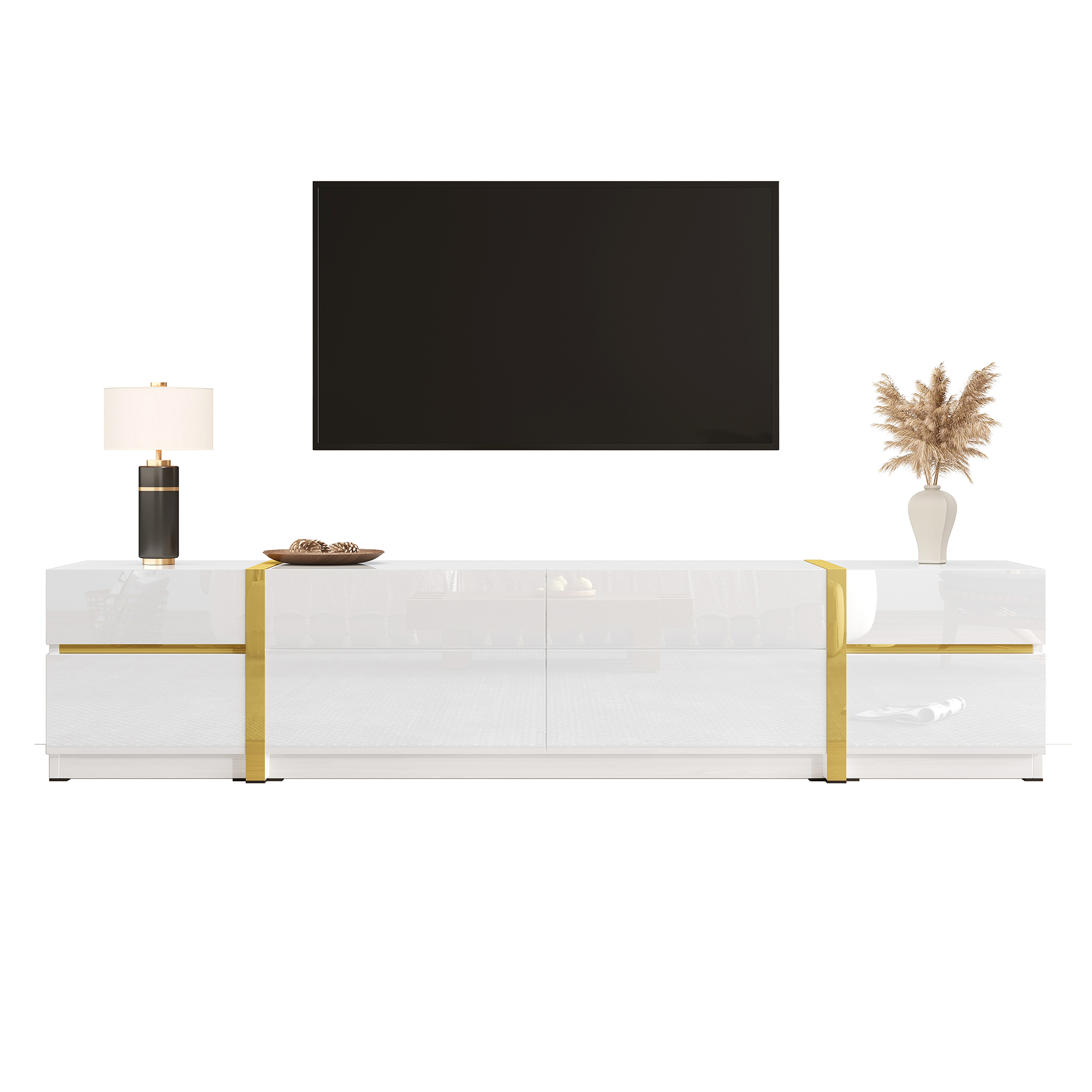 Luxurious TV Stand , TV Cabinet,High Gloss Finish , Gold Tone Edges , With Drawers And Doors , Modern Style , Provides Plenty Of Storage Space For The