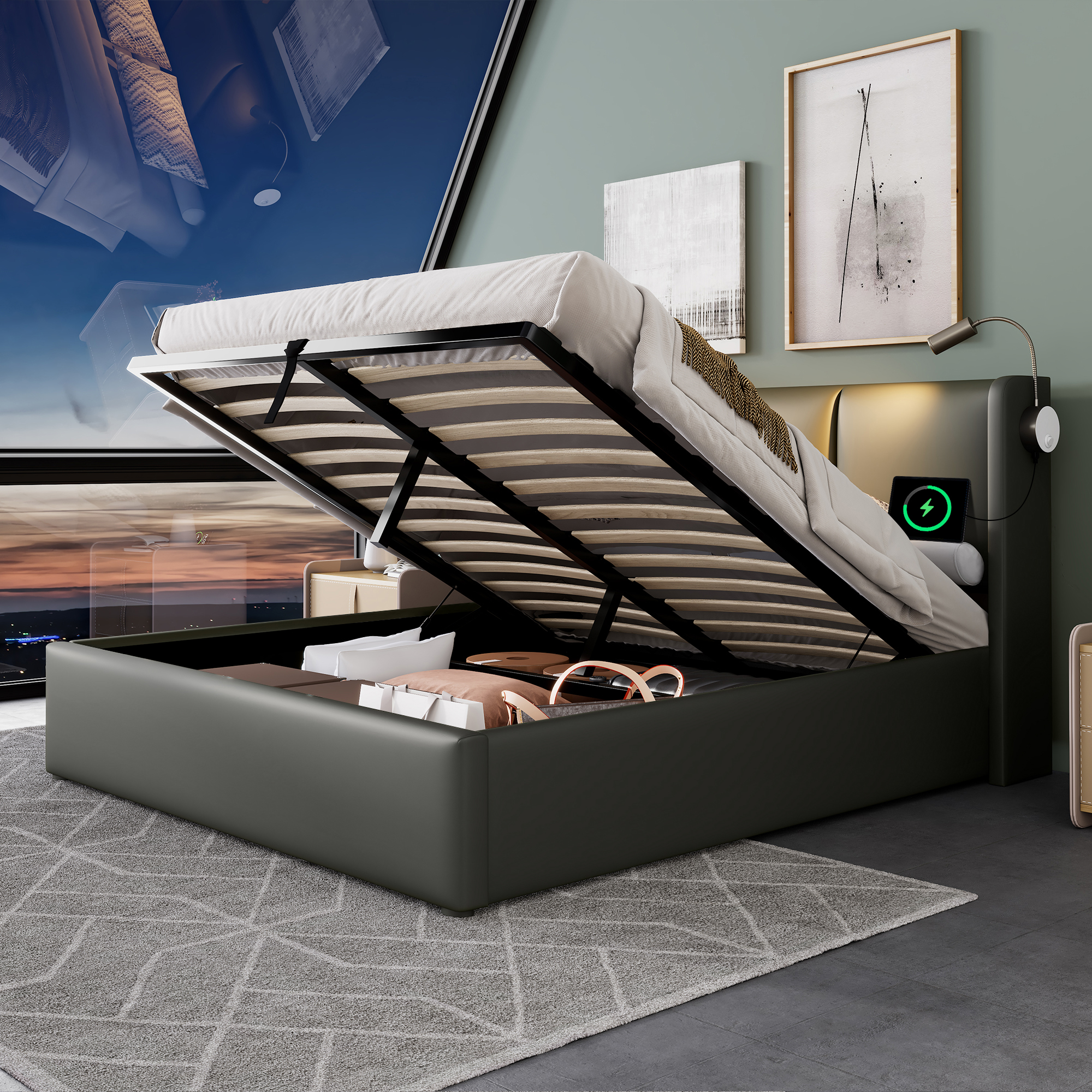 Upholstered Bed 180x200 Cm With Storage Box & LED Light, Bed Frame With 2 USB Charging Ports And Hydraulic Lifting Bar, Design Double Bed Made Of PU Leather, Gray