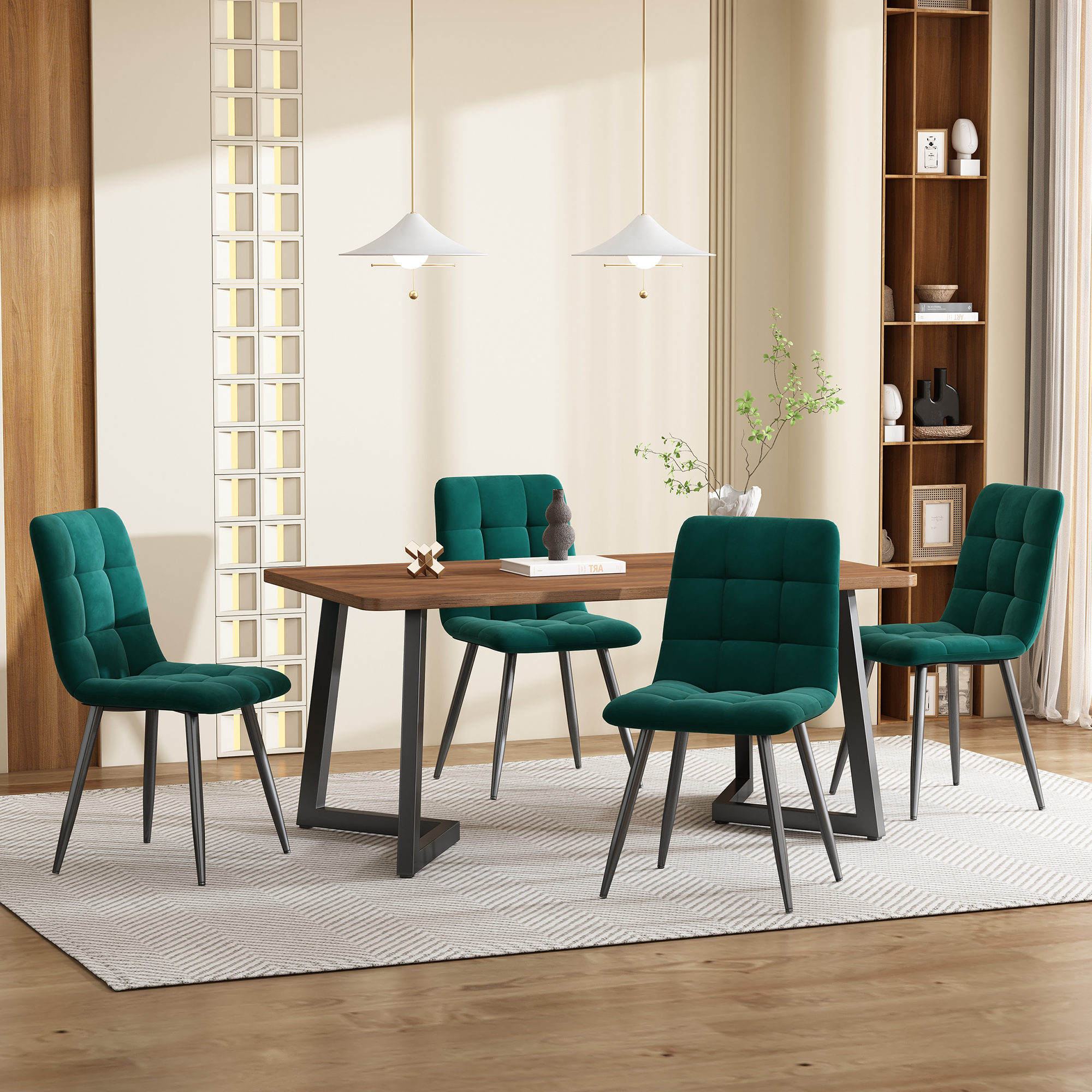 5-Piece Dining Set Table And 4 Chairs, Modern Kitchen Table Set, Kitchen Table With Wood Grain Finish And Black Metal Legs, Walnut-Colored MDF Tableto