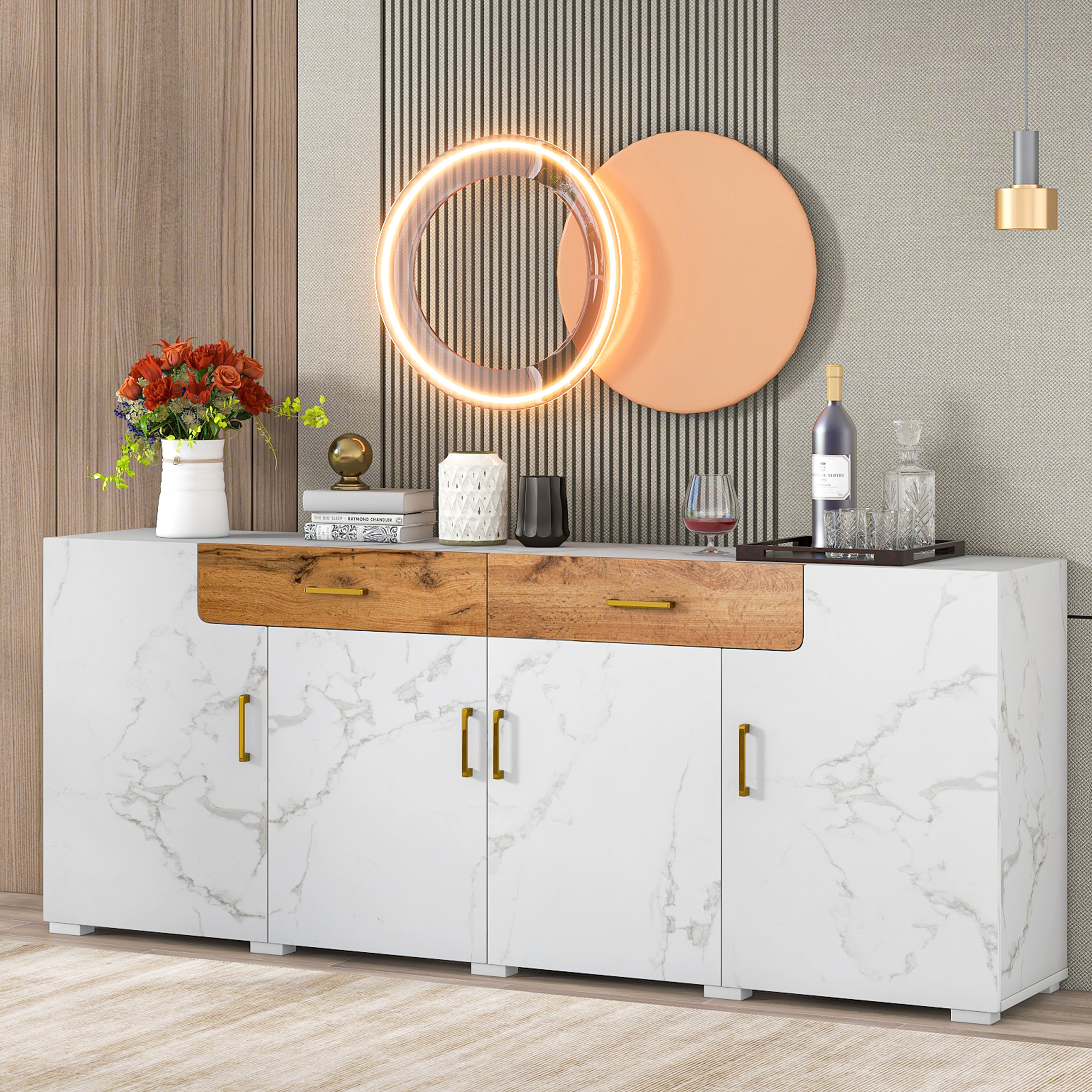 Sideboard, Kitchen Cabinet, Storage Cabinet, 208 X 39.5 X 80 Cm, Unit With 4 Doors And 2 Drawers, Sideboard Buffet