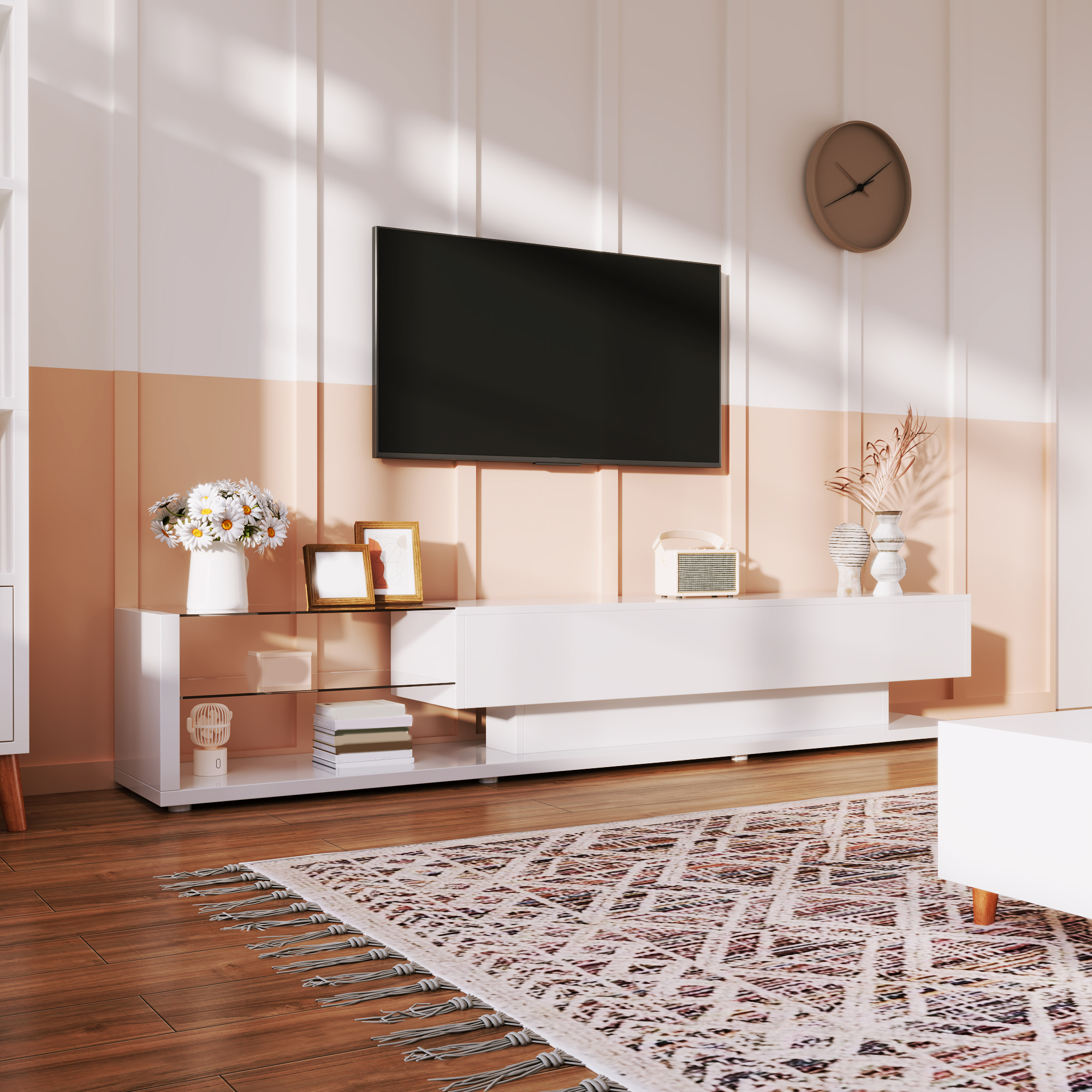 TV Cabinets, Low Panels, High Gloss White Glass Partitions And Variable LED Lighting. It Combines Natural, Rustic Style With Modern Design 5