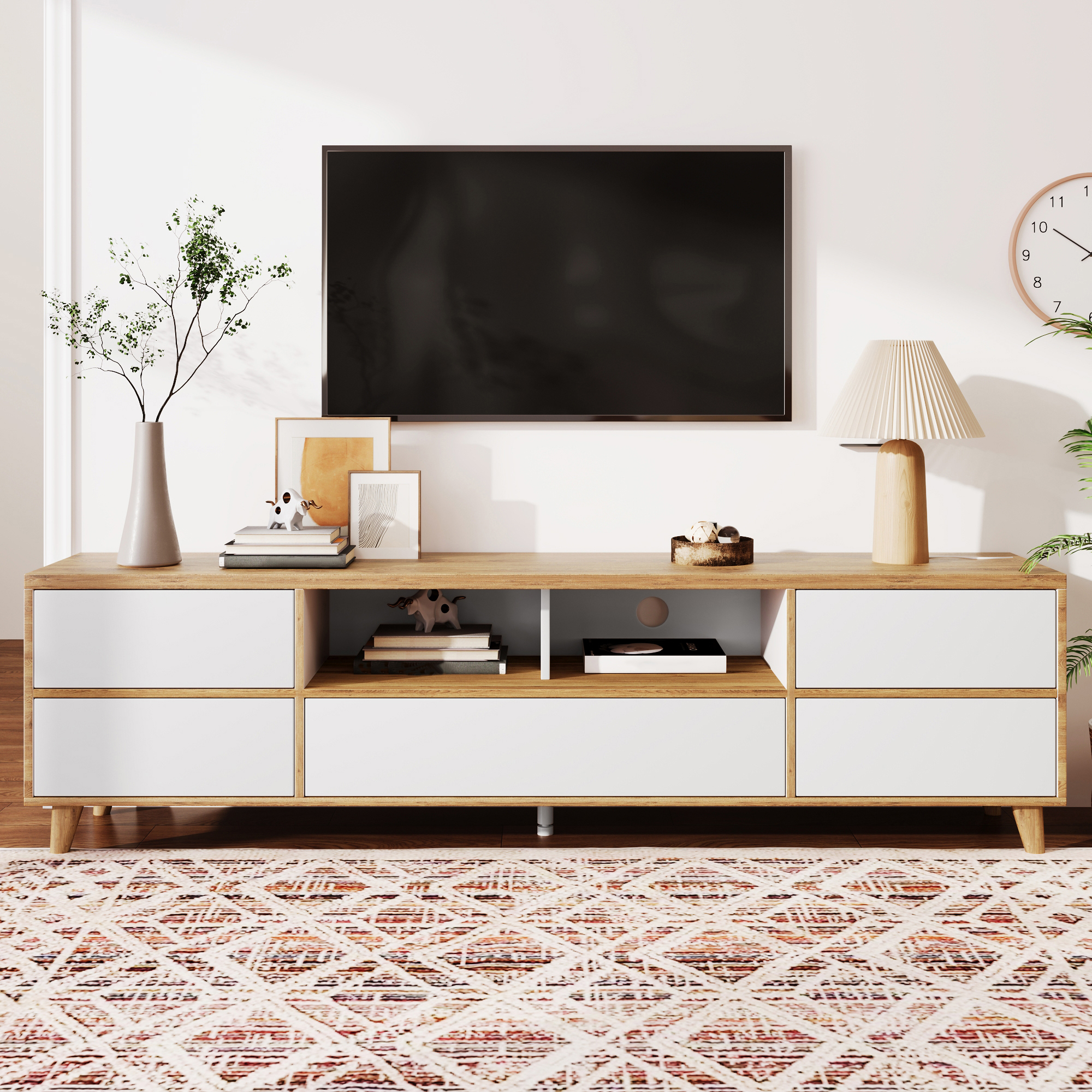 TV Cabinetlowboard, Living Room Furniture In White And Wood Tones. Features Compartments And Doors In A Natural Country-house Style.