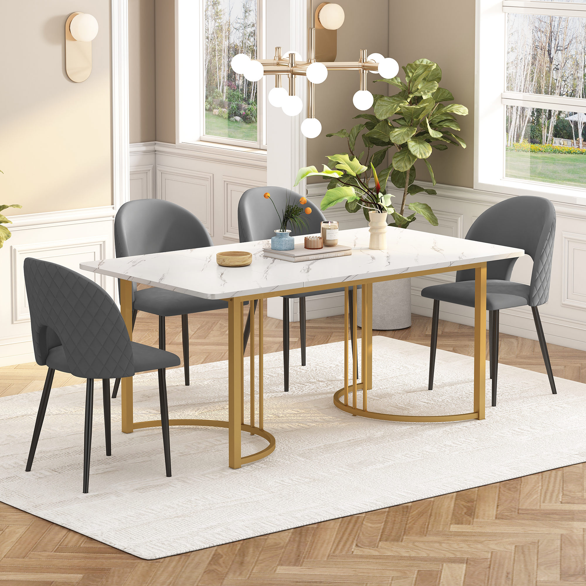 Dining Group,Set,140x80cm Dining Table With 4 Chairs,Modern Kitchen Table Set,Velvet Dining Room Chair With Diamond Pattern,Adjustable Chair Legs,Grey