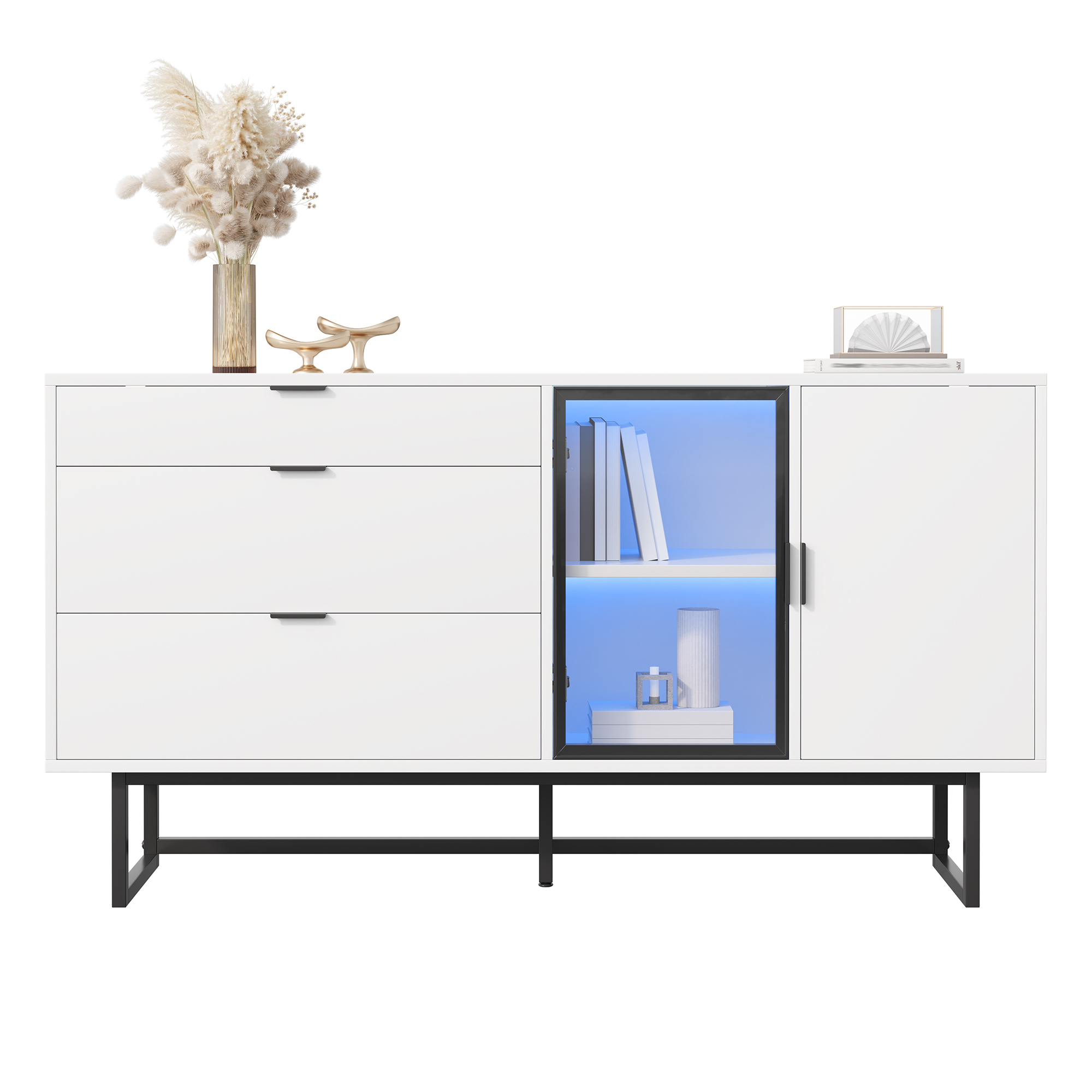 White Sideboard, Display Cabinet, Storage Cabinet, Modern Luxury Dining Cabinet, Three Drawers, Glass Doors, With LED Light Bar