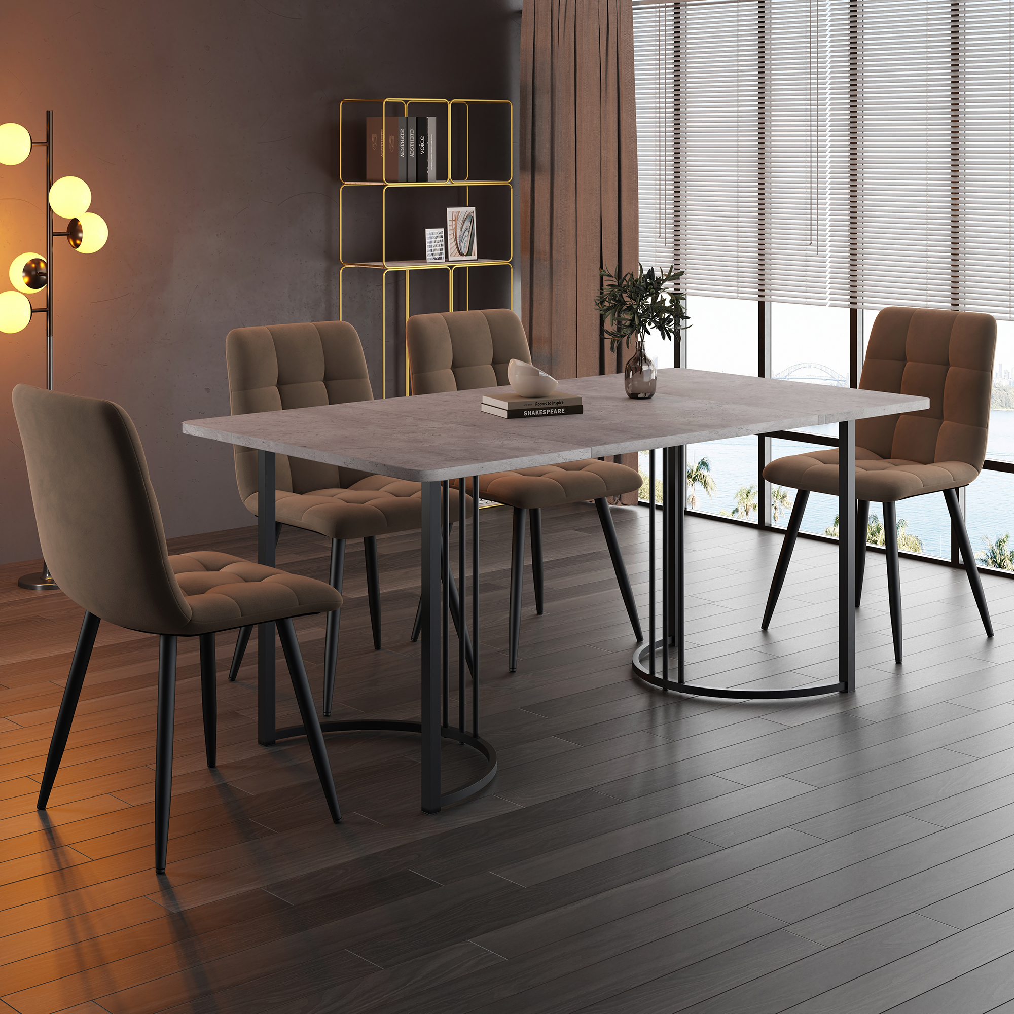 Dining Set 5 Pieces, Dining Table With 4 Chairs Set, Modern Kitchen Table Set, 140x80cm Kitchen Table With Black Metal Legs, MDF Table Top In Grey, Br