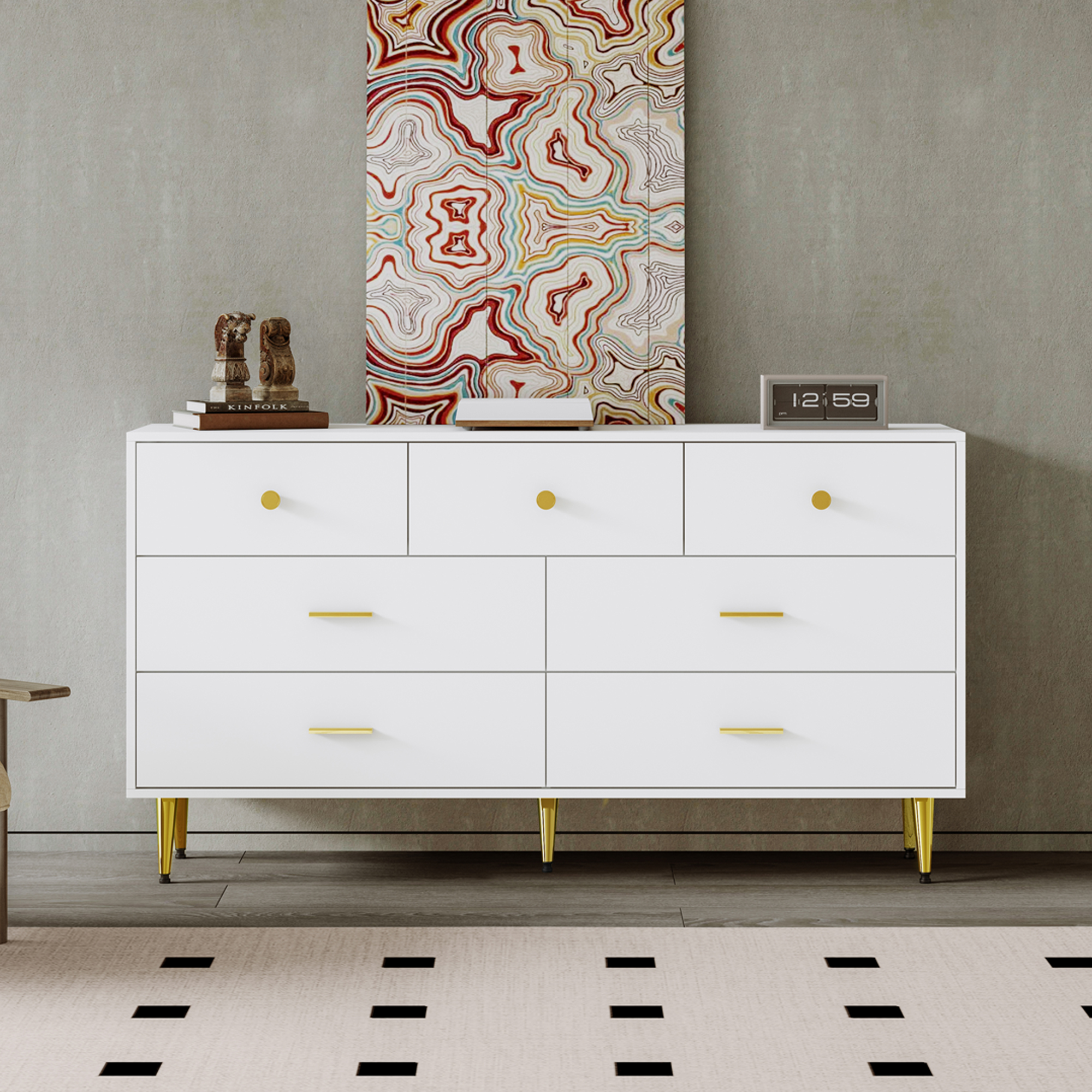 White Sideboard,7 Drawers, Gold Handles, Gold Legs, Smooth Drawer Runners, 140 X 35 X 76 Cm  Dining Room Sideboard  Kitchen Cabinet Storage Unit  Ches